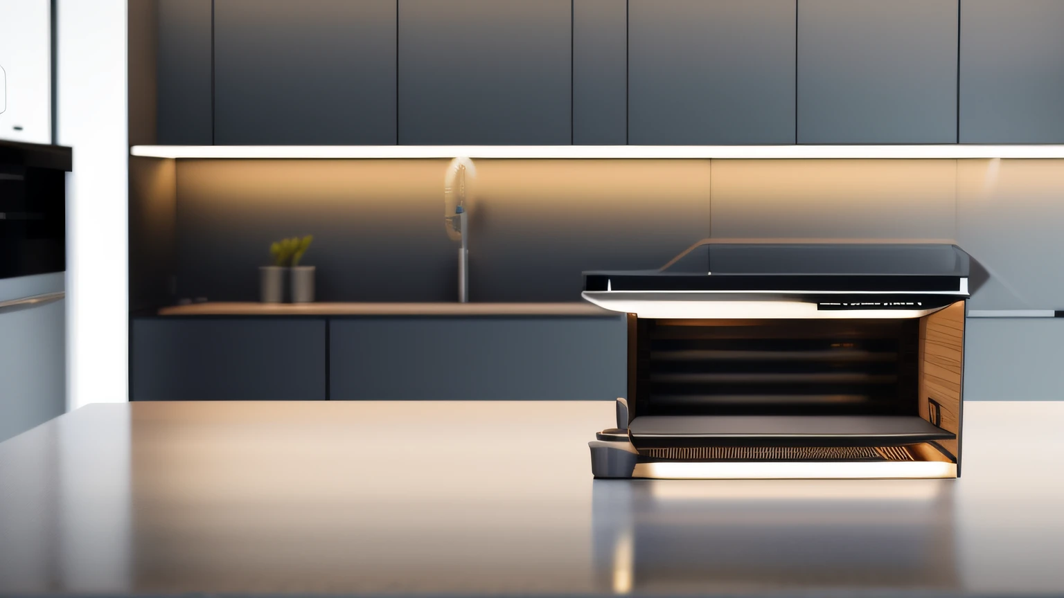 realisticlying,,Dalof Ipukar,unreal engine rendered,computer render,hyper photorealism,fotografia do produto,kitchens,black andwhite,Air fryer placed on the counter
