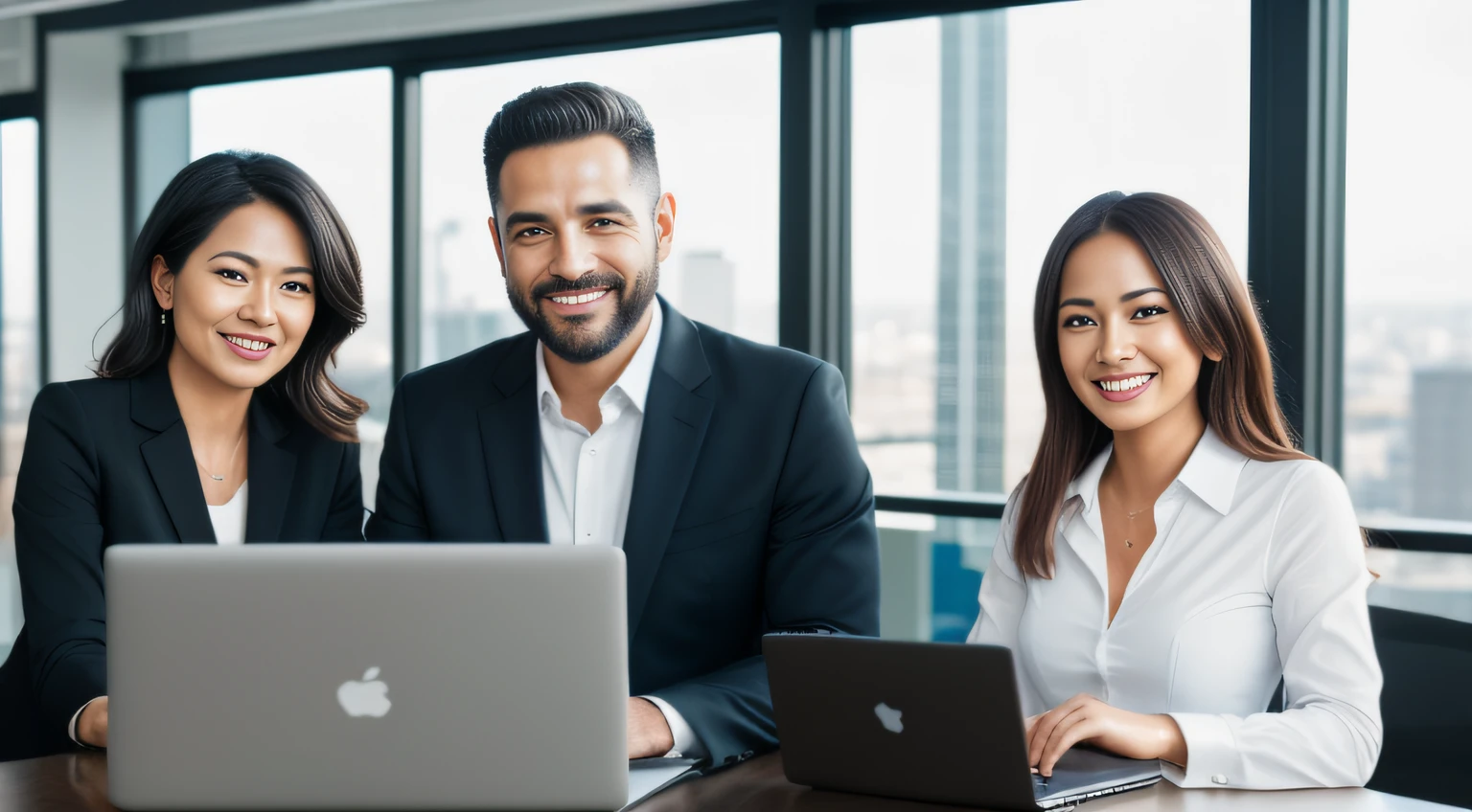 three business people, office, professional, smiling, laptop, global startup atmosphere, interracial, photorealistic, 8K