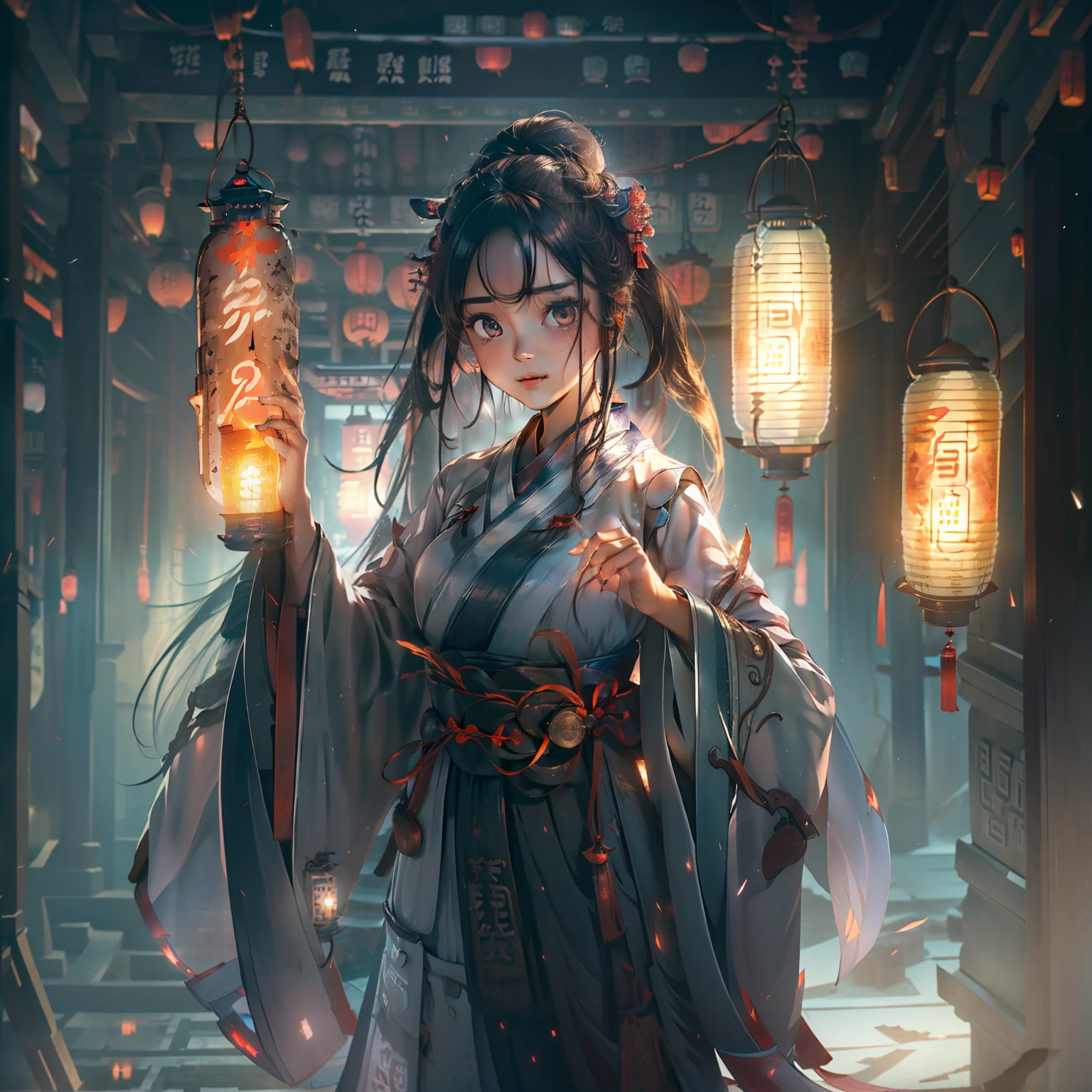 Very cute girl,G Cup Breasts,(Hanfu:1.6),(Hunfu skirt:1.3),(Bewitching:1.5),(The light of the mysterious lanterns shines:1.4),,a short bob,(A crumbling abandoned temple with peeling paint:1.5),(dark sky:1.8),(top-quality:1.4) ,Melancholy look,(Prone to downcast eyes:1.4),Look away,(Vague and ephemeral:1.4),(Otherworldly:1.1),Less ambient light、Strong reflection,Slender eyes,(Mysterious Beauty:1.4),(Lantern light illuminating a shadowy face:1.4),(underlighting:1.3),