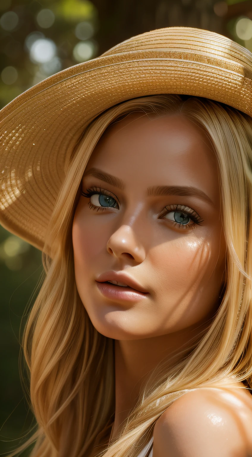 "A stunning close-up portrait of a gorgeous blonde model girl wearing a stylish hat and an elegant dress, featuring her mesmerizing large eyes, bathed in golden sunlight. The image is rendered in breathtaking 8k resolution, showcasing unparalleled attention to detail and captivating artistry, with a majestic tree-filled background."