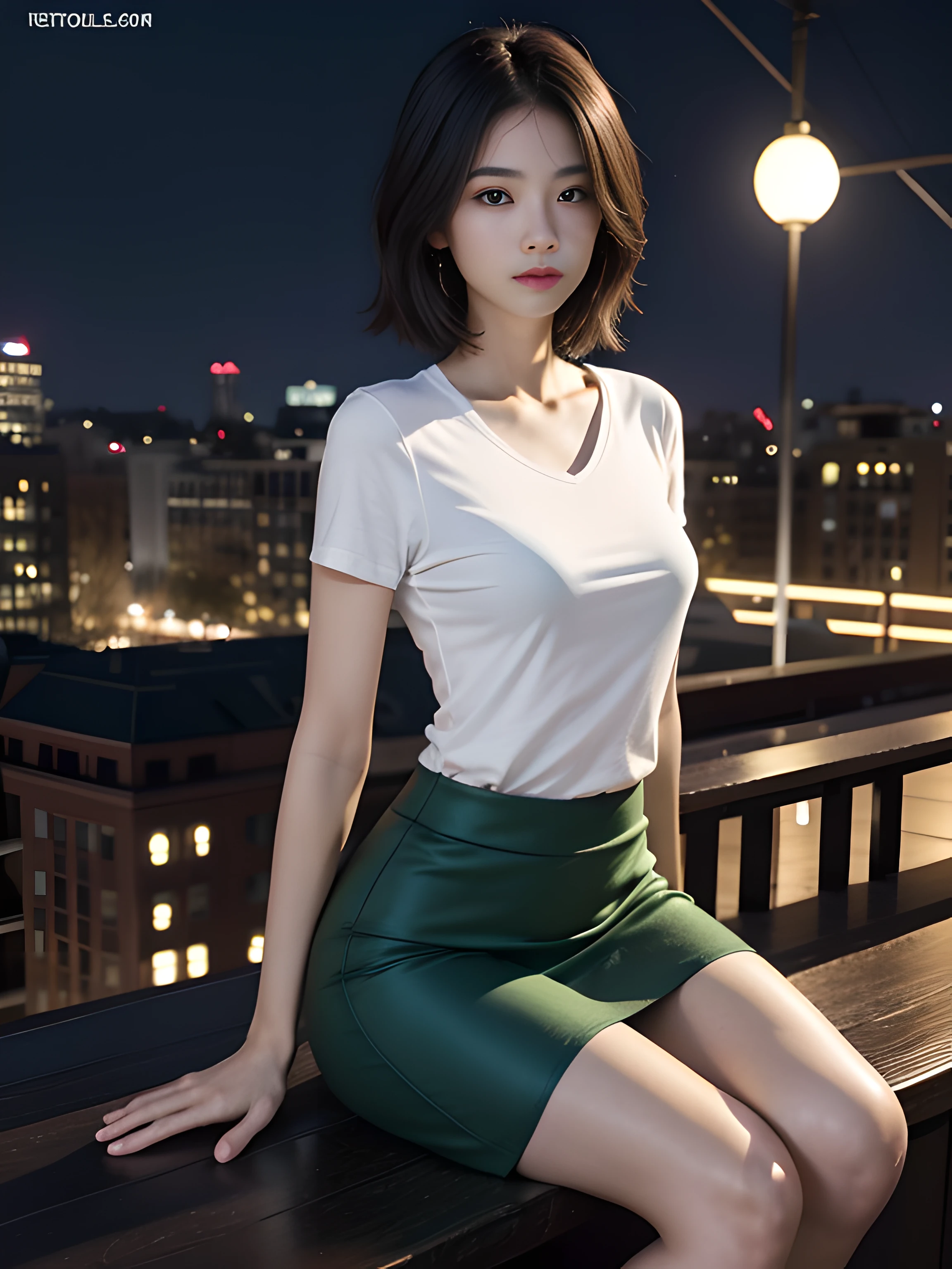 ((midynight, Acura, 8K, tmasterpiece: 1.3)), full bodyesbian, long leges, Focalors: 1.2, perfect figure beautiful woman: 1.4, Slim abs: 1.1, (dark brown hair,: 1.2 )), (Green skinny T-shirt, short skirt,sitting on a stool: 1.2), (city night scene, the roof: 1.3)), Highly Detailed Face and Skin Textur, detailedeyes, 二重まぶた,