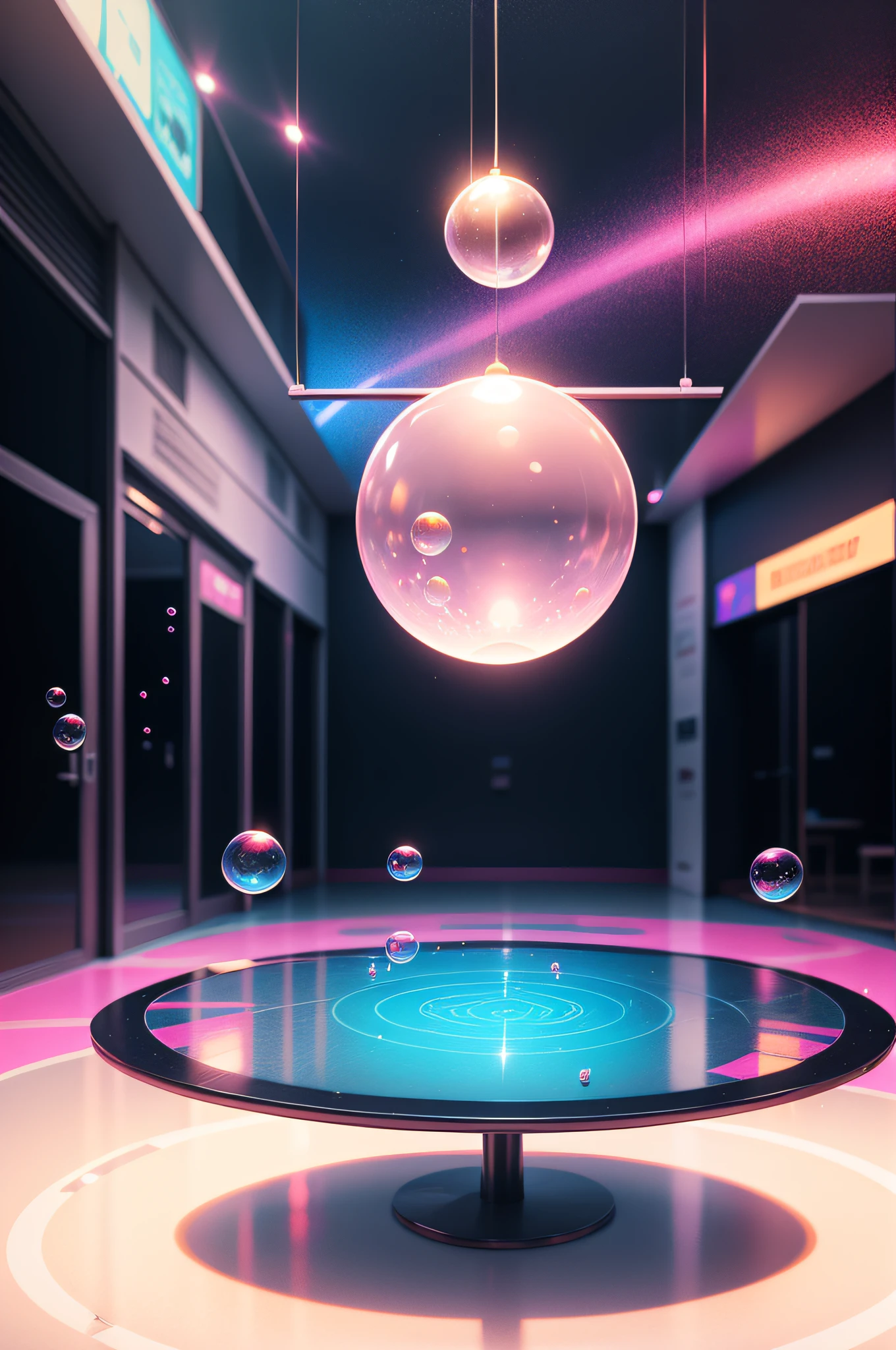 On the glass floor there is a transparent circular table，There are a lot of floating balls and bubbles，Dream Colorful，High quality，Pink background
