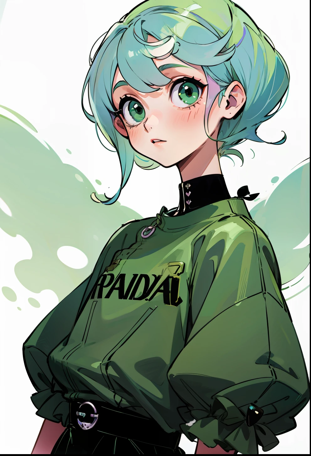 Pastel green hair, 1Girl, Prada Clothing,