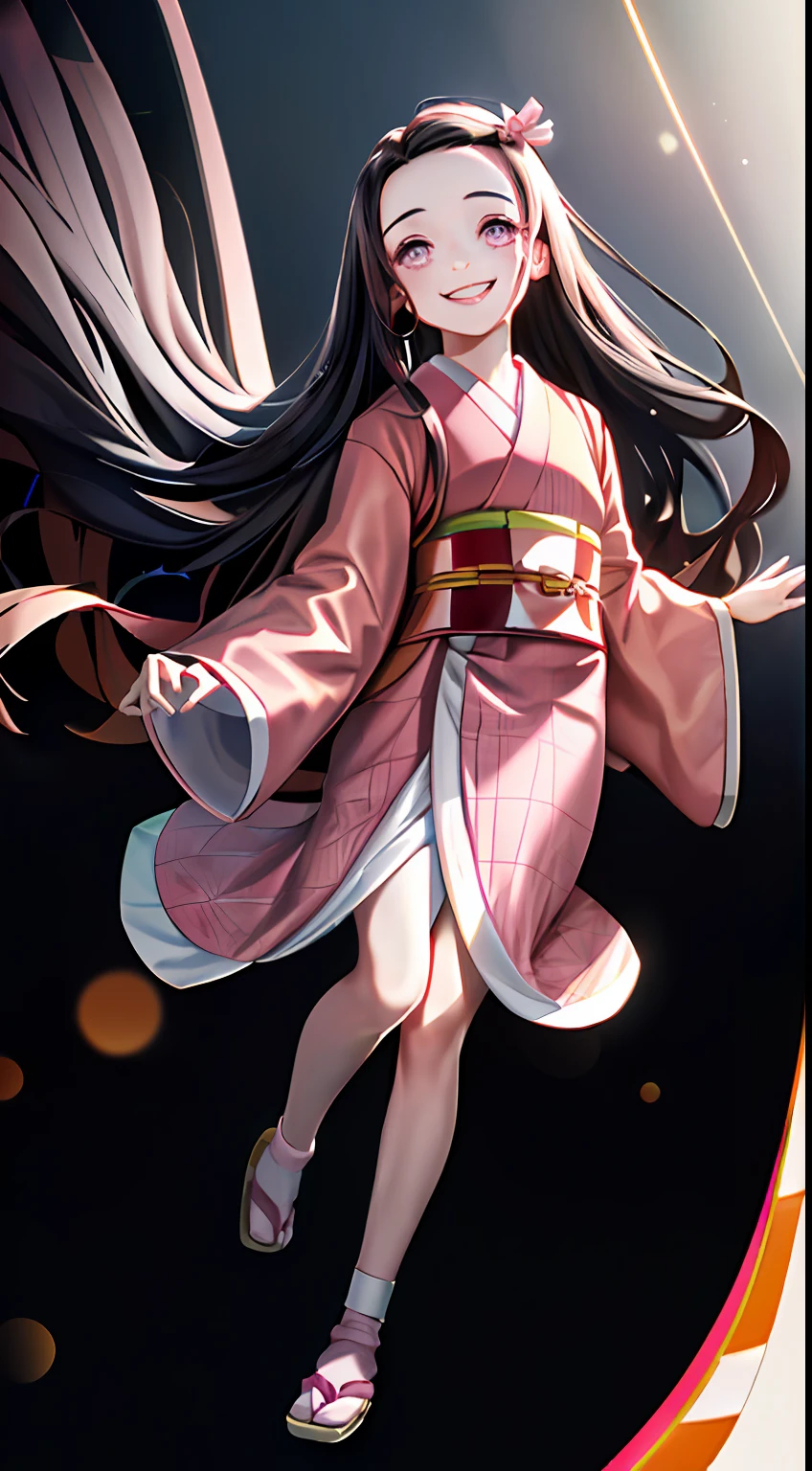 Masterpiece, Best Quality, High Resolution, Venus1, 1Girl, Solo, Kamato Nezuko, Bamboo, Brown Hair, (((((Pink Ribbon)) Checkered Belt, No Gag, NO Gag, Gradient Hair, Haori, Japanese Clothing, Kimono, Long Hair, Looking Forward at Sunset Smiling, Pink Eyes, Pink Kimono, Pink Ribbon, Solo, Full Body, Front, Bokeh Background (85mm Lens), Front Camera, Resolution 1366 x 768