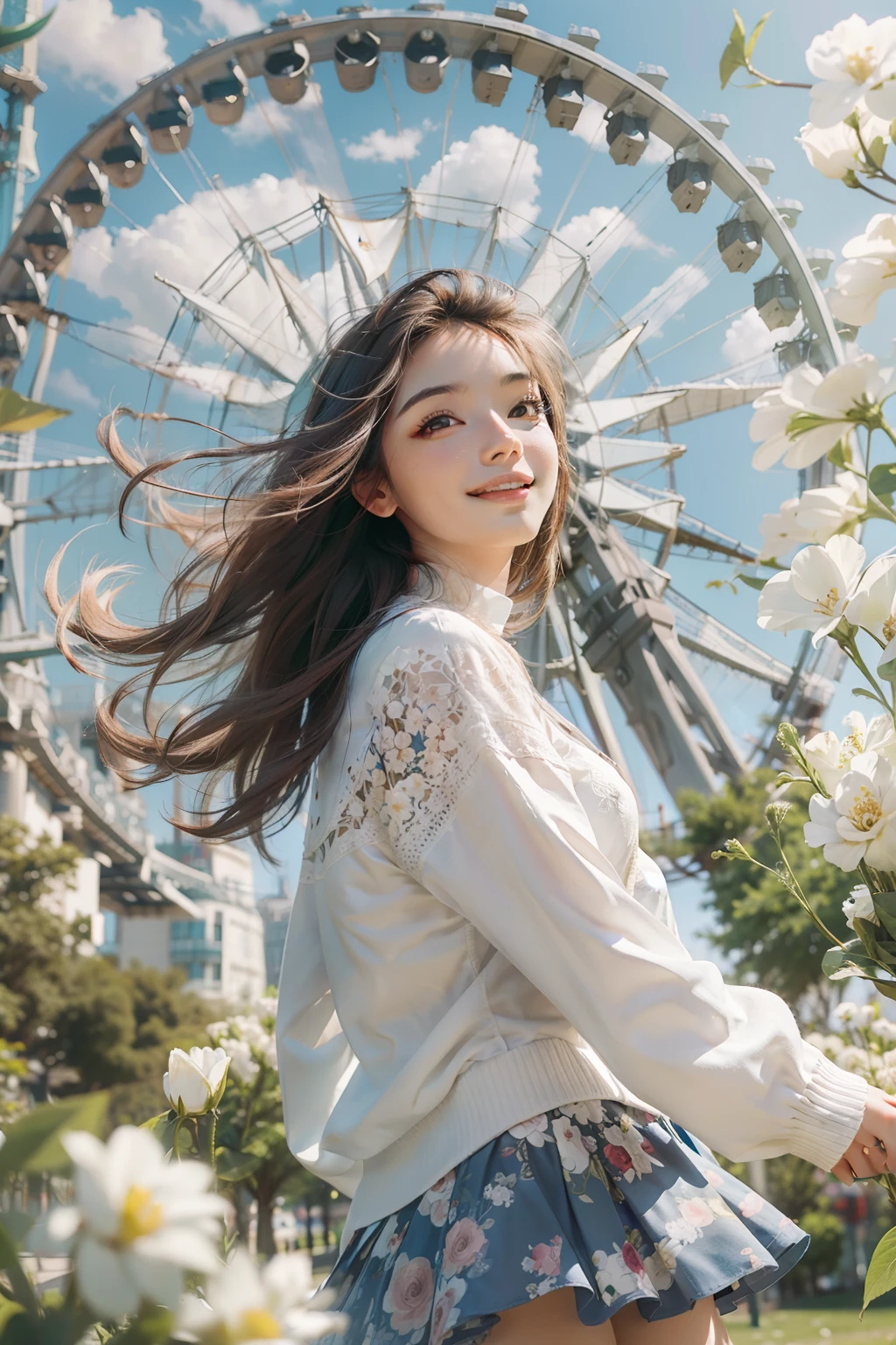 (masterpiece), (best quality), RAW photo, photorealism, photography, 1girl, windy, sunny, in the park, lots of white flowers at front, sky wheel at background, smile