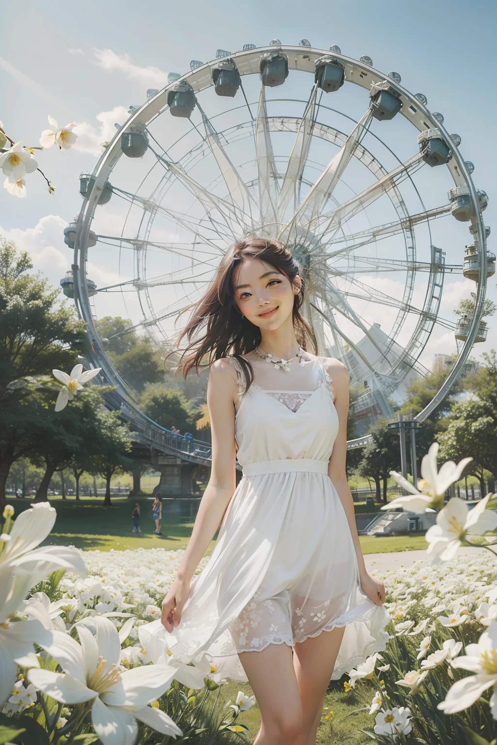 (masterpiece), (best quality), RAW photo, photorealism, photography, 1girl, windy, sunny, in the park, lots of white flowers at front, sky wheel at background, smile