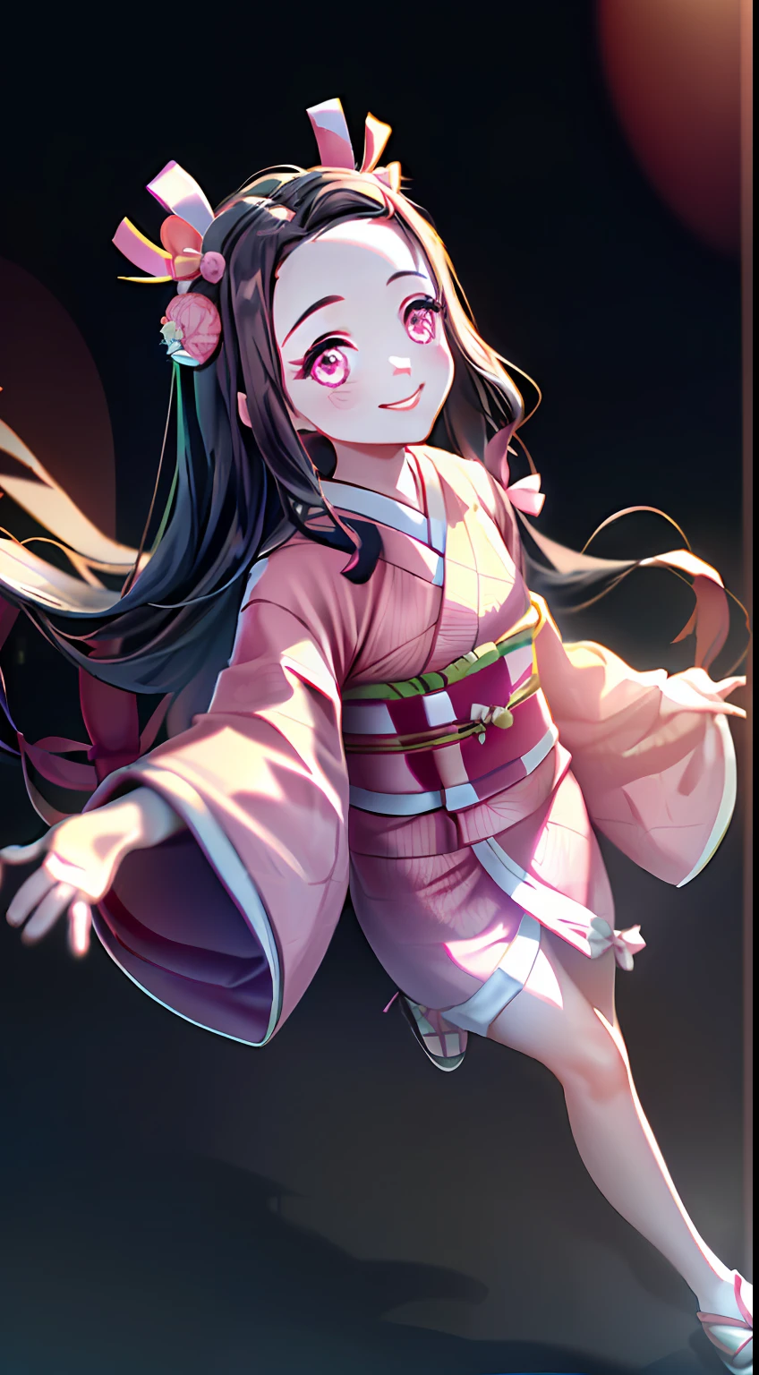 Masterpiece, Best Quality, High Resolution, Venus1, 1Girl, Solo, Kamato Nezuko, Bamboo, Brown Hair, (((((Pink Ribbon)) Checkered Belt, No Gag, NO Gag, Gradient Hair, Haori, Japanese Clothing, Kimono, Long Hair, Looking Forward at Sunset Smiling, Pink Eyes, Pink Kimono, Pink Ribbon, Solo, Full Body, Front, Bokeh Background (85mm Lens), Front Camera, Resolution 1366 x 768