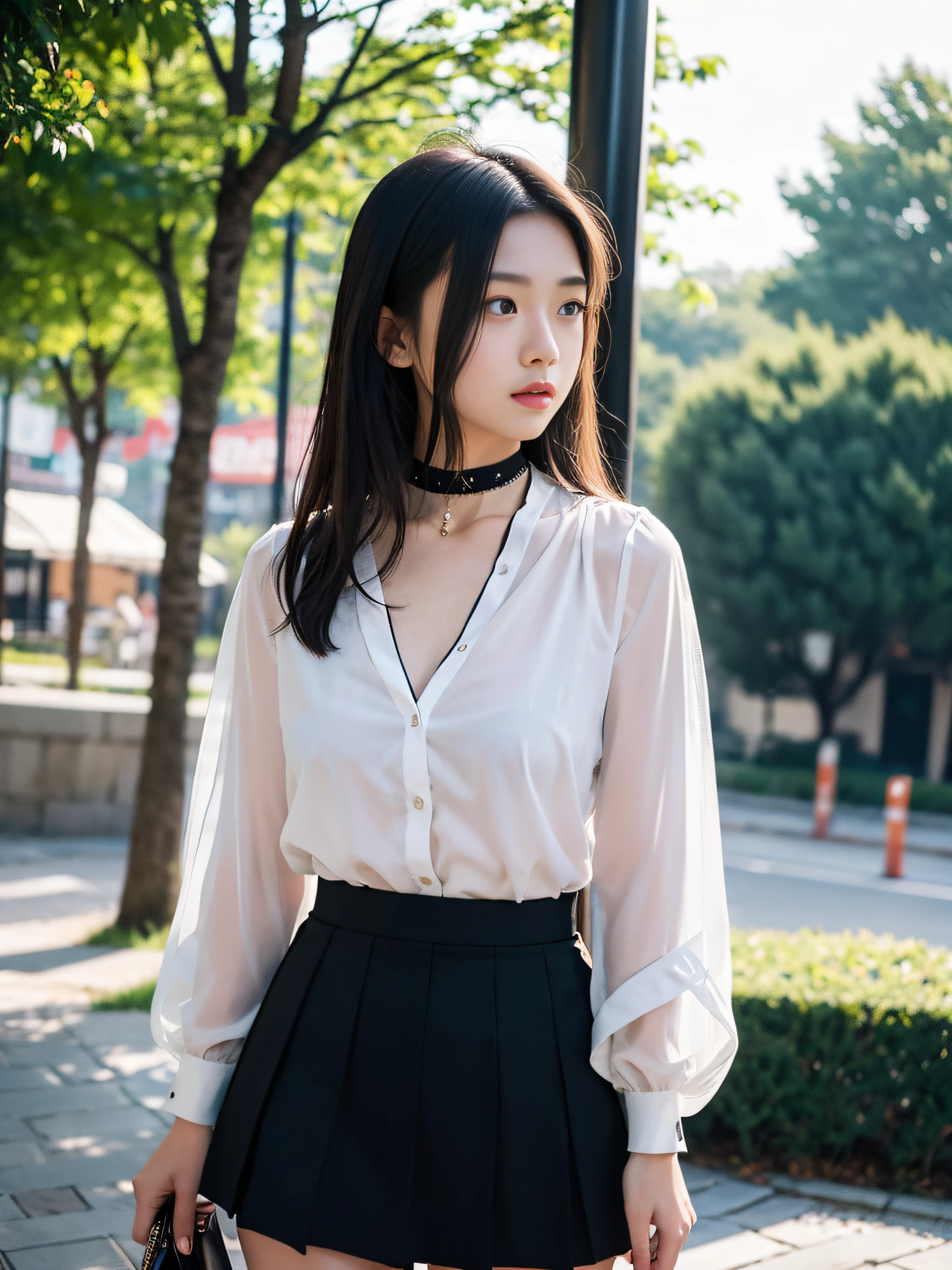 18-year-old female，Long hair shawl，RAW photos，bokeh（hentail realism：1.4，realisticlying），High detail CG unified 8K wallpaper，1girl，（（slimfigure：1）），（Large breasts：1），facing away from the audience，（（View directly from the front）），（Head office skin：1.4），8K  UHD，digital SLR camera，Soft light，high high quality，filmgrain，富士XT3，（（校服，short  skirt，choker necklace，Sheer open shirt：1.5））， （（outside，at park）Long beads，sportrait，（（Short hair in layers，black in color，Bigchest：1.2）），（looking at viewert：1.4），（full bodyesbian：1.6）