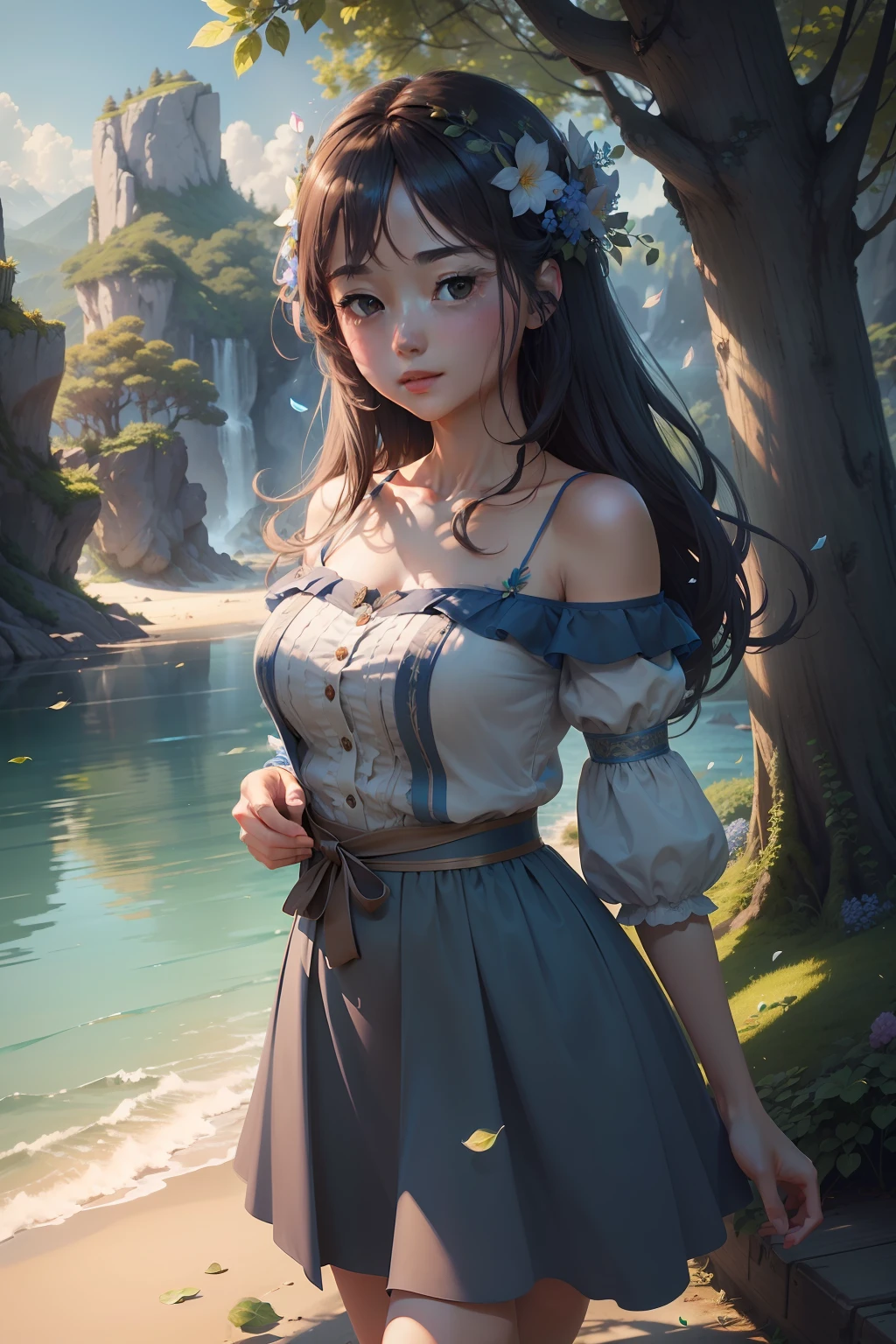 Masterpiece, best quality, (very detailed CG unity 8k wallpaper) (best quality), (best illustration), (best shadows) Nature&#39, blue sea,delicate leaves petals of various colors falling in the air light Tracking, super detailed --v6