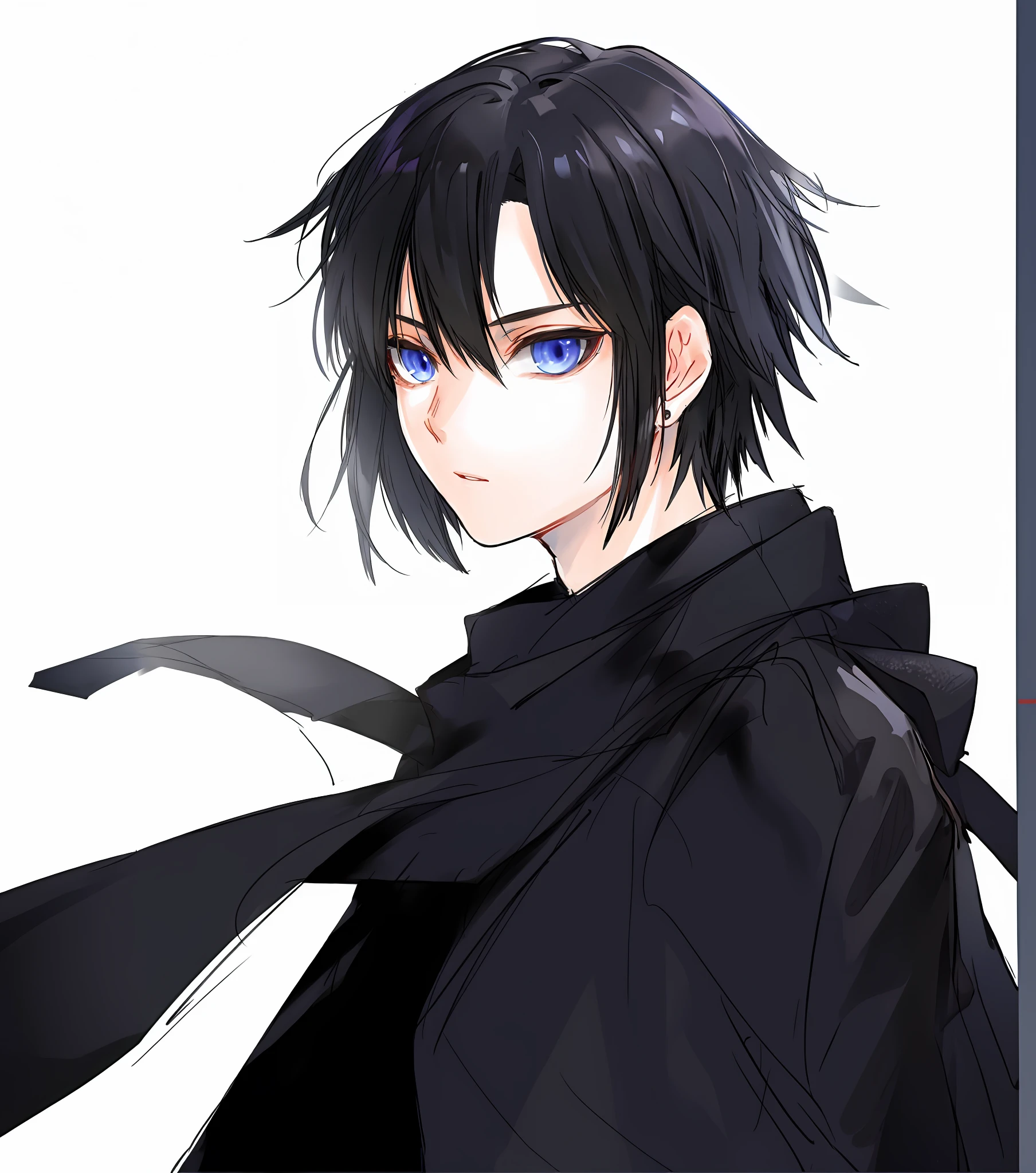 anime boy with black hair and blue eyes wearing a black coat, tall anime guy with blue eyes, anime handsome man, male anime character, anime style character, with vivid blue eyes, anime style portrait, beautiful androgynous prince, white background