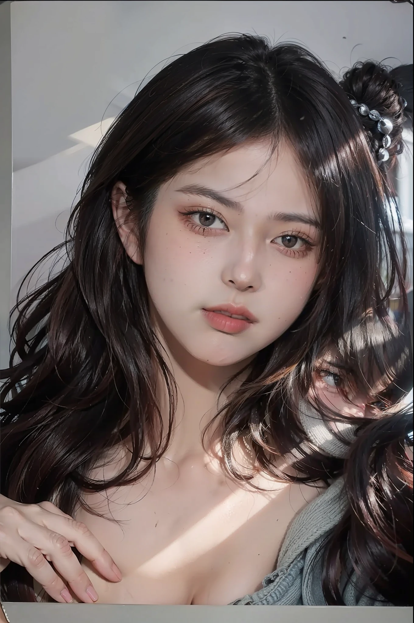 Best quality, masterpiece, ultra high res, (photorealistic:1.4), raw photo, 1girl, offshoulder, in the dark, deep shadow, low key, cold light