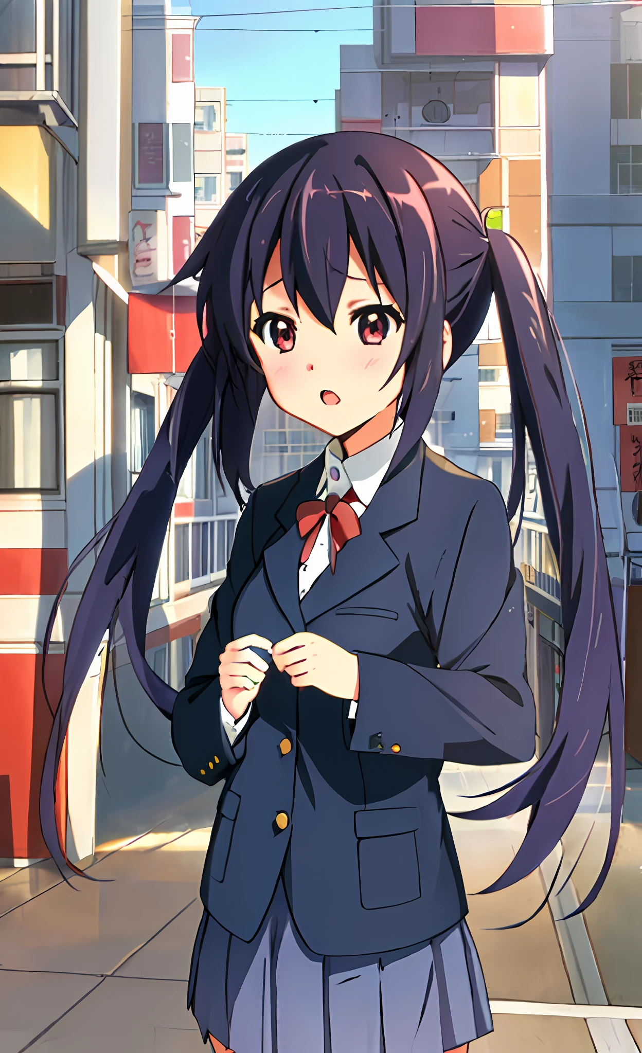 1girl, (((masterpiece))), top-quality, top-quality, High Details, nakano azusa, 1girl, Sakuragaoka High School Uniform, student clothes, Twin-tailed, length hair, A dark-haired, brown-eyed, 独奏, reddish, Dark blue blazer with thin red ribbon, Solid white buttoned shirt under blazer, illustratio, comic ?????, soothing tones, Subdued Color, Soft cinematic light, adobe lightroom, photolab, HDR, intricately and hyper-detailed、(((depth of fields))))。(((masterpiece)))。(((top-quality))).)((ultra-detailliert)))。(((illustratio)))。(((takeout))).dynamic focus.big breasts.(((Skyscrapers))).(((A city scape))).(((Face of sadness))). open mouth.(((fighting stance))).(((up chest))).((evening glow)).((the setting sun)).