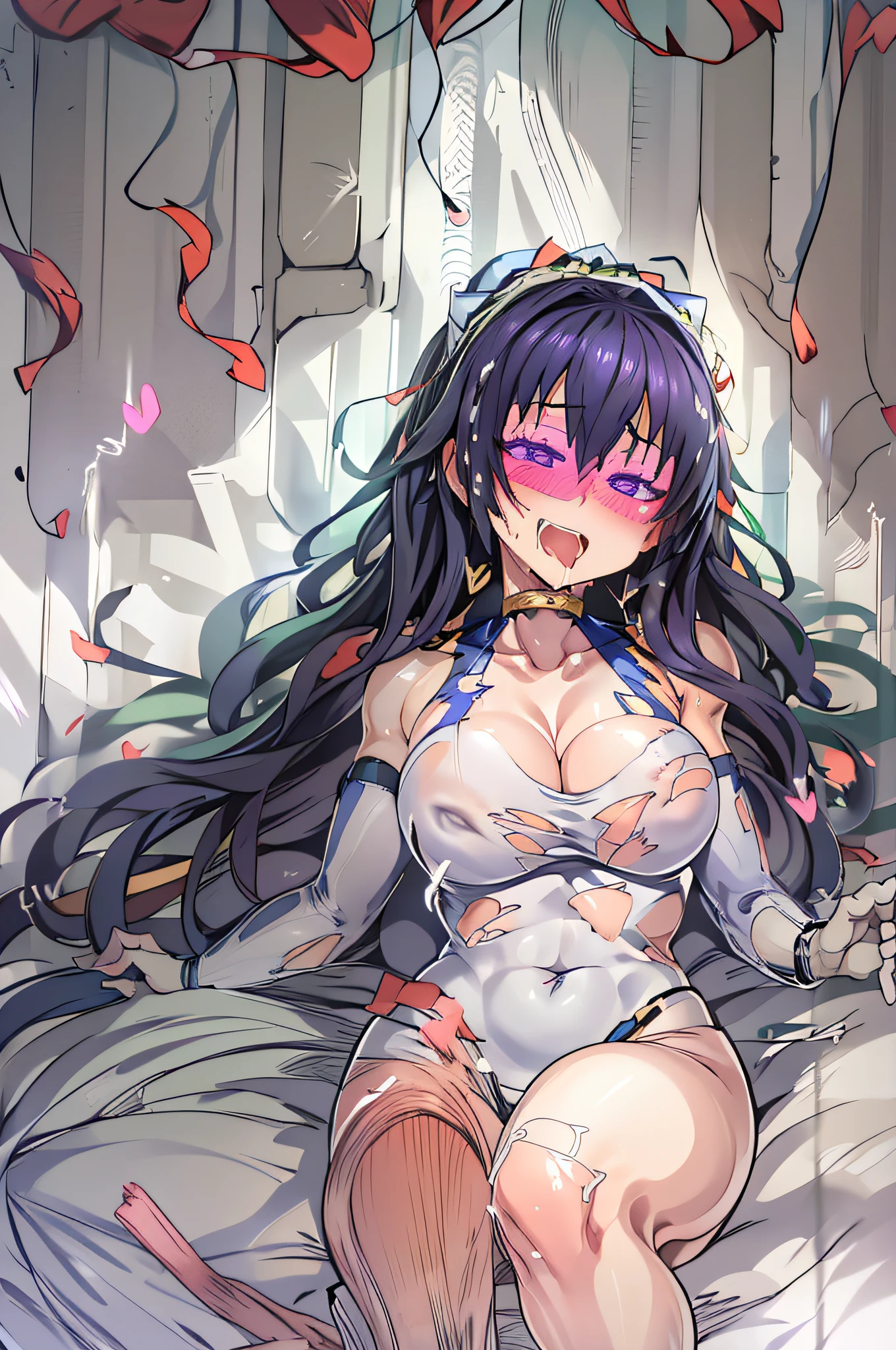 Full body photo，Blush, mouth hold, Unconscious, Seductive smile, hearts in eyes, rough breath, Moaning, ahegao, cheerfulness, saliva trail, Anime, Anime style, Silhouette, From above, hyper HD, Masterpiece, ccurate, Textured skin, High details, High quality, Super detail, Best quality, 16k，One girl,full bodyesbian, torn cloth, Spread legs, hand behind head, Underarms, 浴室, Frozen,Long hair,Heart-shaped pupils, Torn clothes, torn legwear, 裸露的女生，upper legs,Pathetic, cum on bodyl