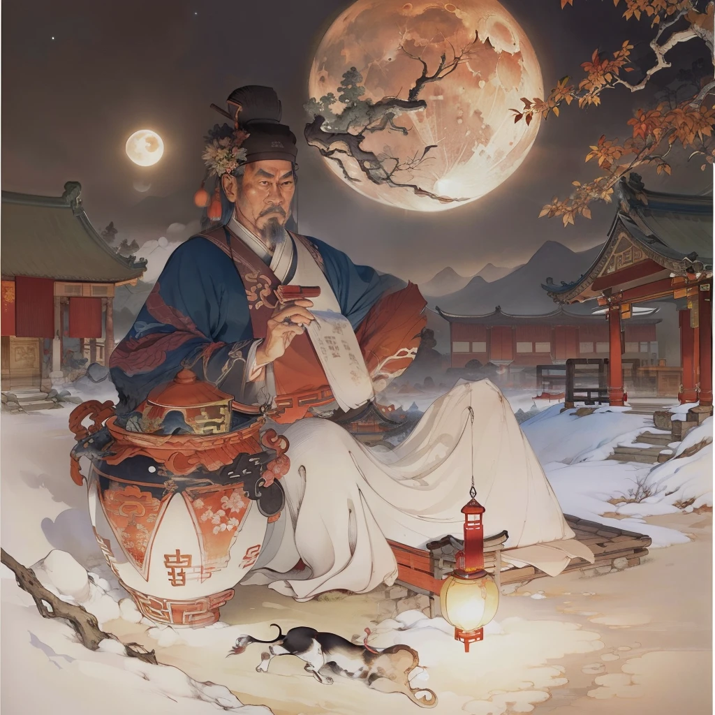 Ancient Chinese landscapes,Ancient buildings,Pavilions,Carved beams and paintings,enchanting scenery,Night,Moon light,Layered, Rich light and shadow,Mid-Autumn Festival, Ink painting style,clean color,Low-saturation colors,Colors of low brightness,Decisive cut,Leave white space,impressionistic,tmasterpiece,ultra - detailed,Epic composition, HighestQuali,hyper realisitc,Art germ --v 6