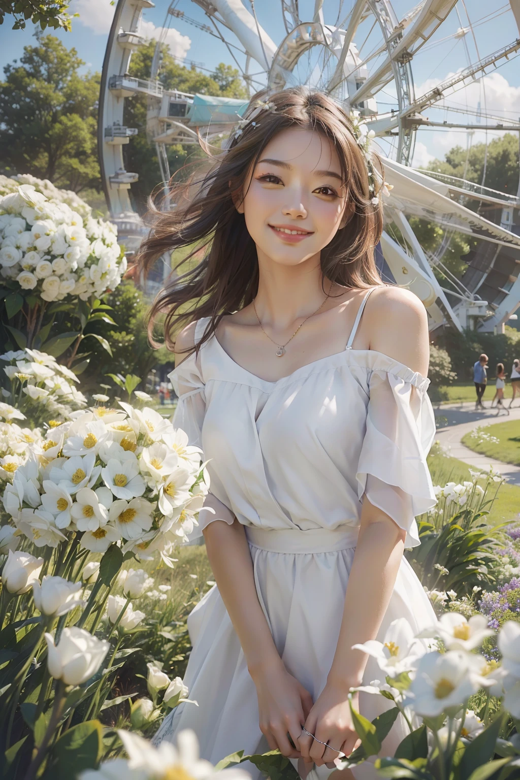 (masterpiece), (best quality), RAW photo, photorealism, photography, 1girl, windy, sunny, in the park, lots of white flowers at front, sky wheel at background, smile