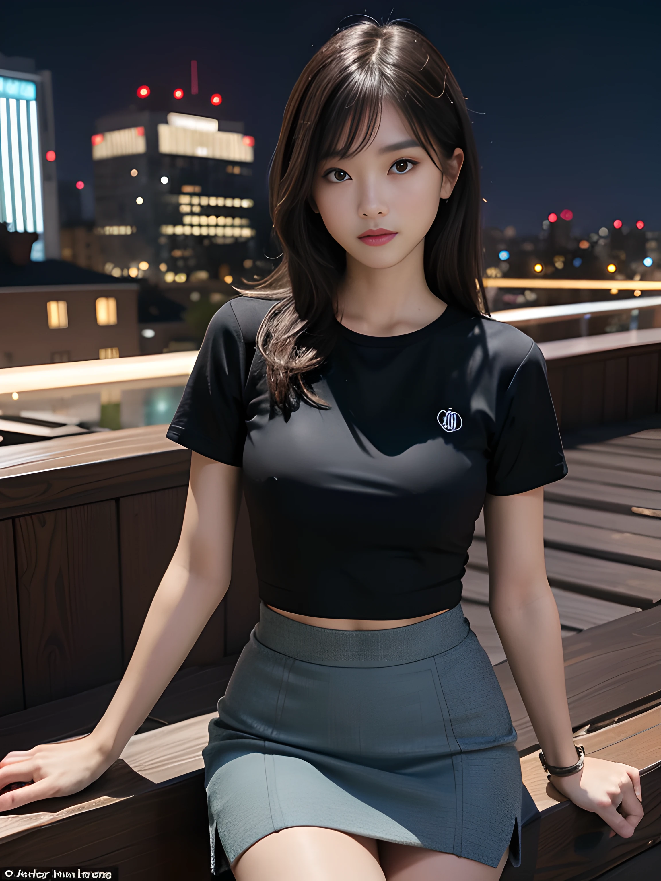 ((midynight, Acura, 8K, tmasterpiece: 1.3)), full bodyesbian, long leges, Focalors: 1.2, perfect figure beautiful woman: 1.4, Slim abs: 1.1, (dark brown hair,: 1.2 )), (Cyan skinny T-shirt, short skirt,sitting on a stool: 1.2), (city night scene, the roof: 1.3)), Highly Detailed Face and Skin Textur, detailedeyes, 二重まぶた,