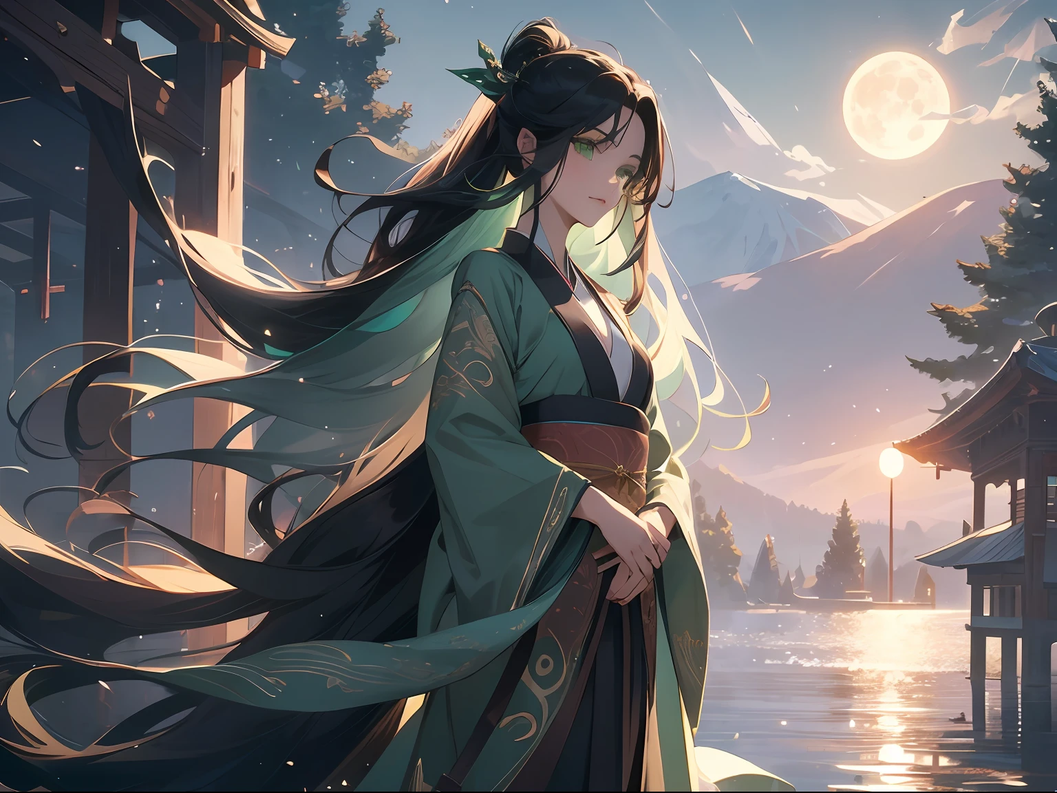 1 fairy, old,Long flowing black hair,Nice face,Pale green hanfu,Green eyes,Standing on the lake,ssmile,closeup cleavage,the night,full moon,A gentle breeze,
