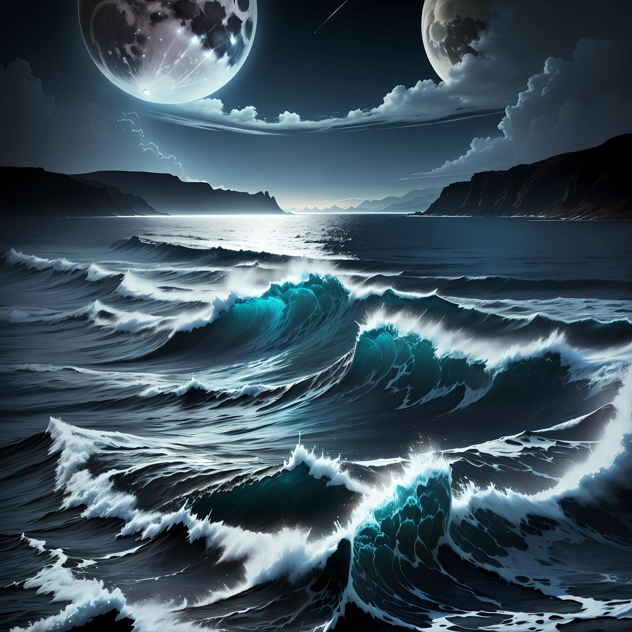 Deep black sky,..3D,All kinds of birds,A very shocking picture,Very beautiful picture,The sea is uneven,High hills,The Moon or Moon