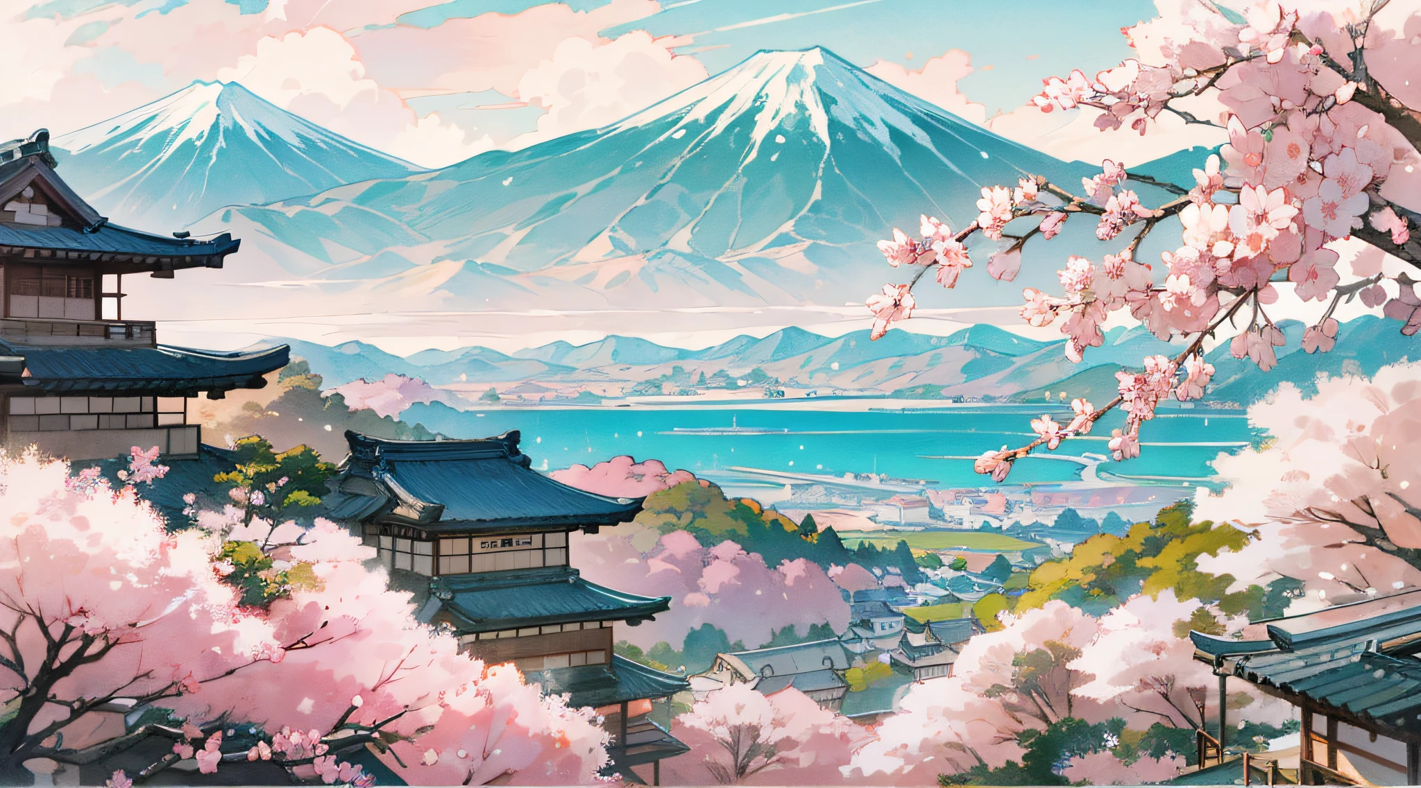 From a hilltop overlooking an old Japanese village on a saturated spring day, midst of blooming Sakura trees creating a sea of pastel pink. In far-off distance, snow-capped mountains stand tall beneath clear azure skies, anime background art, landscape wallpaper, blurry foreground, empty, clean lines, serene, intricate details
