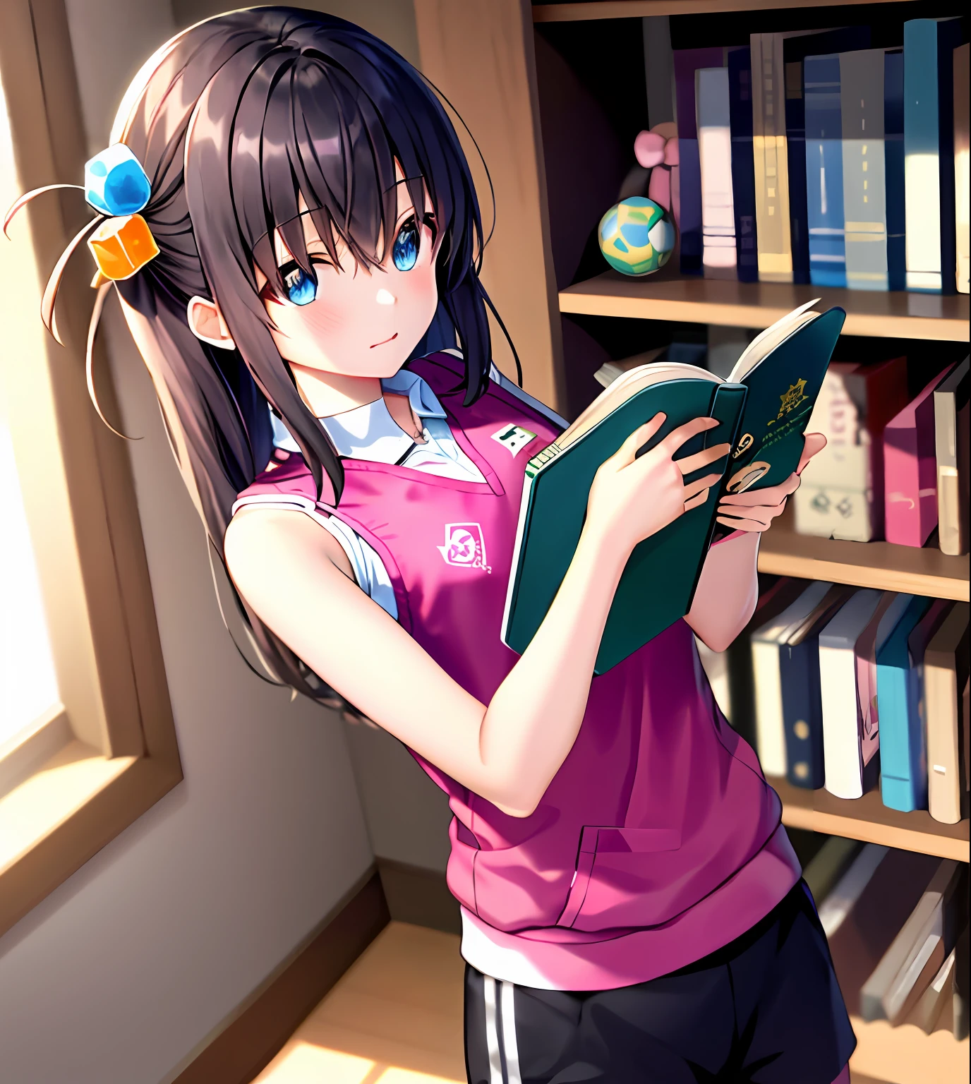 （（tmasterpiece，best qualtiy））1girll，独奏，bookshelves，book stack，Suzuno，inside in room，hair adornments，cube hair ornament，eBlue eyes，Long black hair，Pink sports vest，By bangs，hair between eye