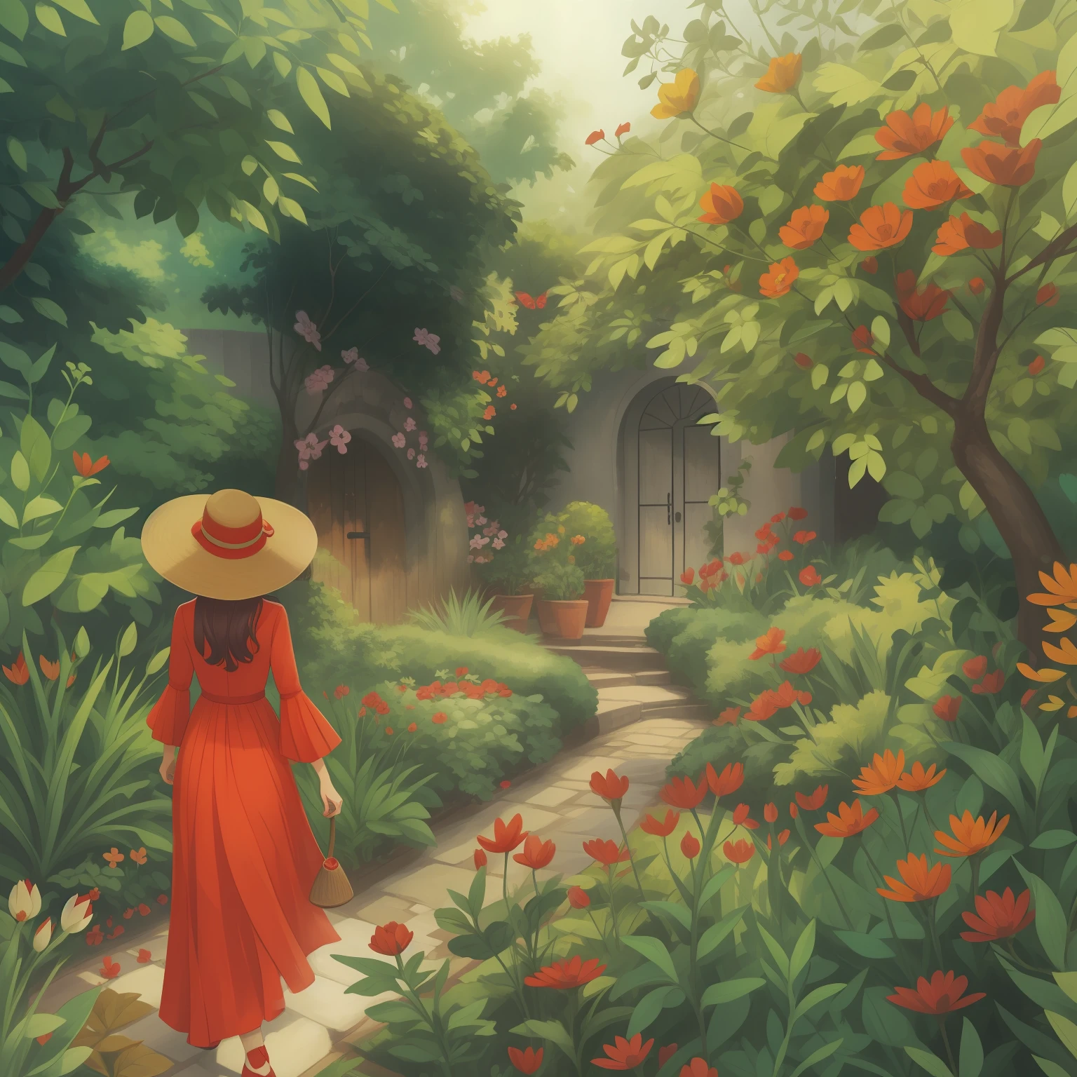 There is a woman in a red dress and hat walking through a garden, she is the center of the garden, No estilo de arte Bowater, em um jardim verdejante, Deusa da Primavera, a beautiful artwork illustration, em um jardim, Soft anime illustration, nas flores, Beautiful digital illustration, feito com anime painter studio, Bruxa vermelha andando em seu jardim