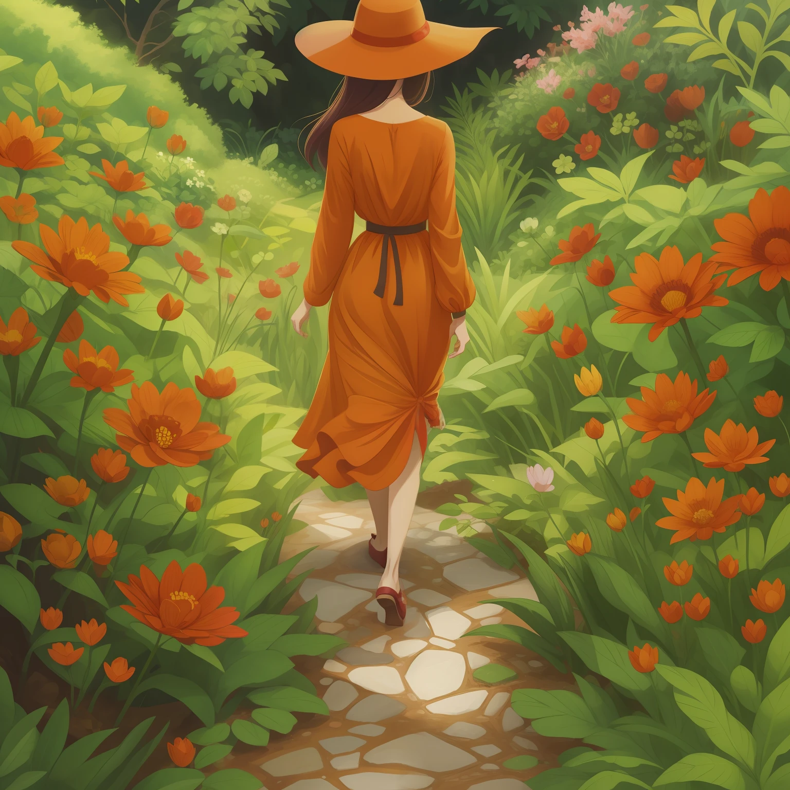 There is a woman in a red dress and hat walking through a garden, she is the center of the garden, No estilo de arte Bowater, em um jardim verdejante, Deusa da Primavera, a beautiful artwork illustration, em um jardim, Soft anime illustration, nas flores, Beautiful digital illustration, feito com anime painter studio, Bruxa vermelha andando em seu jardim