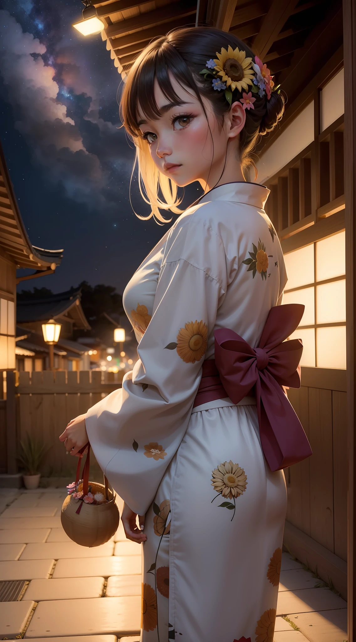 1chica, chica japonesa distante con un kimono mirando los fuegos artificiales, (alejado: 1.1), (fuegos artificiales: 1.2), tu nombre, Angle low, from the rear, yukata, kimono, campo de girasoles, de pie en un campo, mejor calidad, obra maestra, nube, colorido, estrellas, verano, festival