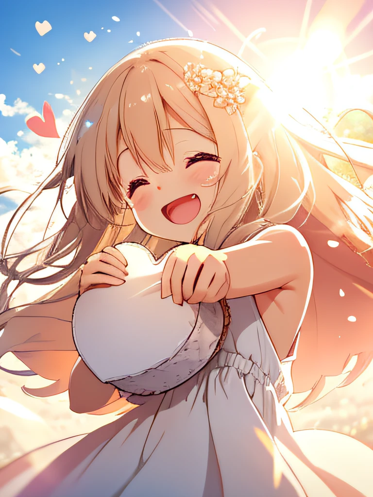 girl with、White summer dress、The upper part of the body、(Huge laughter:1.1)、(Opening Mouth:1.1)、(widely opened eyes:1.2)、Sun glare、bokeh dof、depth of fields、blurry backround、Particles of light、heavy wind、(Heart particles:1.1)