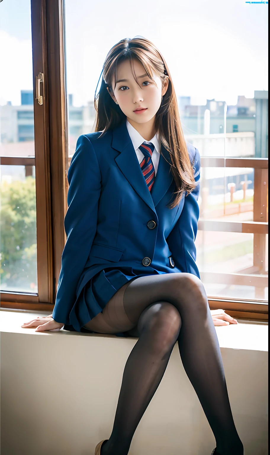 Full body view, feet in view, ulzzang-6500-v1.1, (Raw photo:1.2), (Photorealistic:1.4), Beautiful detailed girl, Very detailed eyes and face, Beautiful detailed eyes, Ridiculous, Incredibly ridiculous, Ultra detailed, High resolution, Very detailed, Best quality, Masterpiece, ((Japan girls' high school uniform)), pantyhose, In the classroom, by the window and outside the blue sky, unified, 8k wallpaper, fantastic, fine detail, masterpiece, top quality, highly detailed cg uniform 8k wallpaper,movie lighting, 16 year old girl, (dynamic pose))), (camel toe), (knee bending leg sitting))