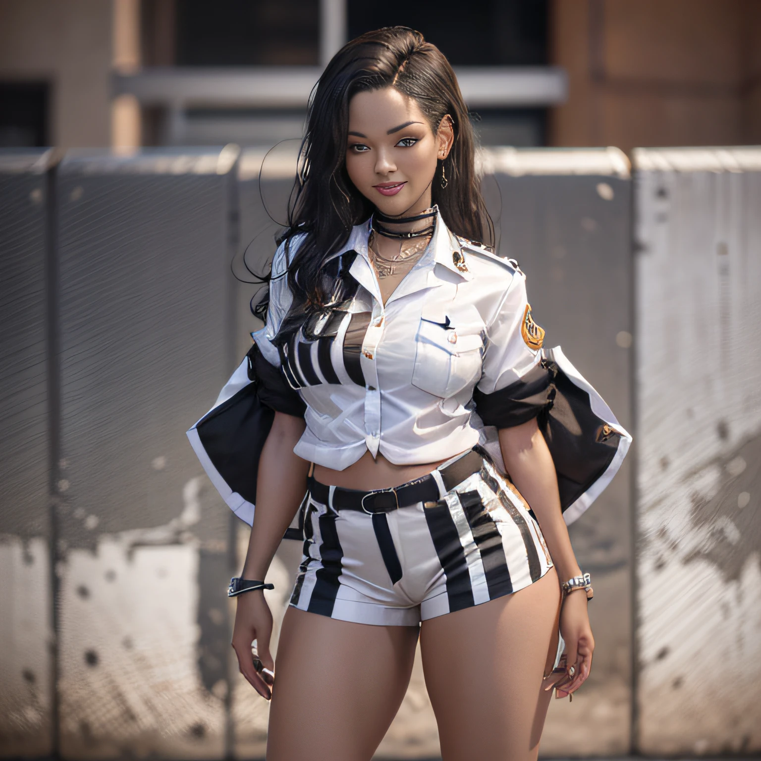 The full body of a flamboyant ebony girl with chocolate skin dressed in Vasco da Gama's uniform consists of a black shirt with white diagonal stripes, shorts blancs et chaussettes noires. very smiling and anthousiaste