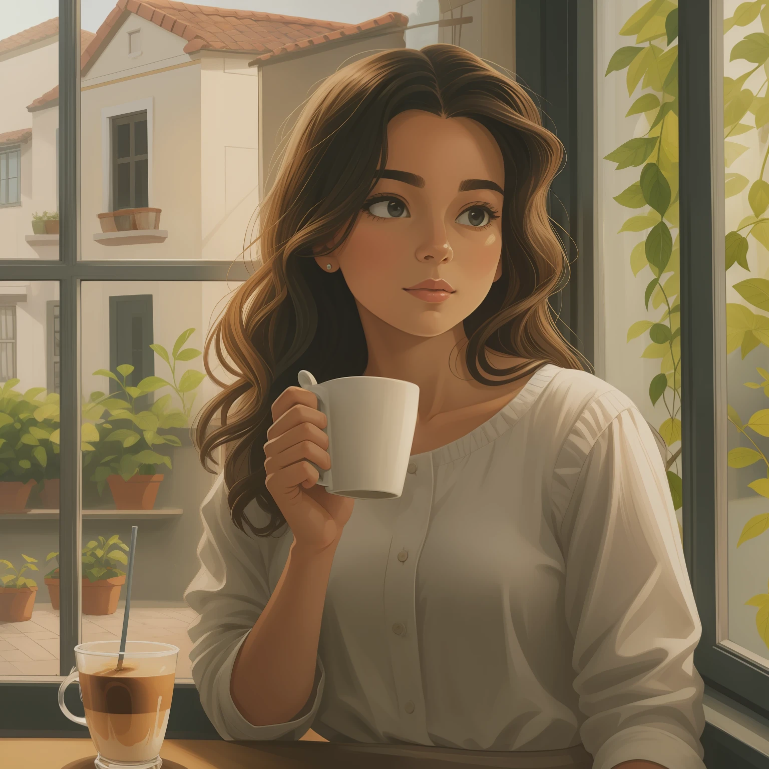 There's a woman who's drinking a cup of coffee, Retrato de Lofi em uma janela, bela arte digital, portrait of morning coffee, pintura realista da menina bonito, near the window, Beautiful digital illustration, morning coffee, A menina no peitoril da janela, Humor matinal, morning hour, beautiful artwork, paper awesome wallpaper, perto de uma janela, pintura de personagem bonita