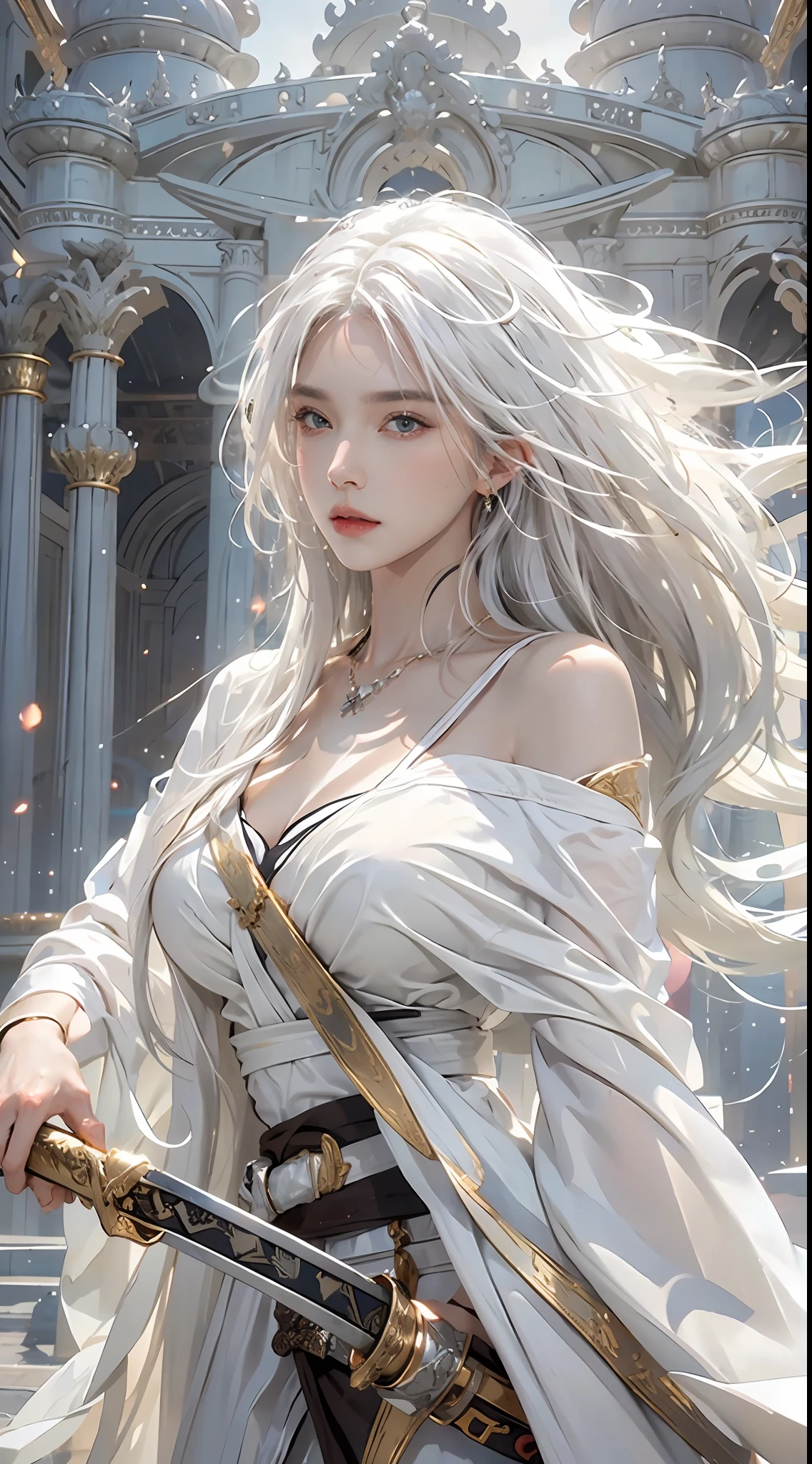 Photorealistic, high resolution, 1womanl, Solo, Hips up, view the viewer, (Detailed face), A cold face,White hair, Medium breasts, long whitr hair, Sword repair,White robe,Oversized clothes, jewelry