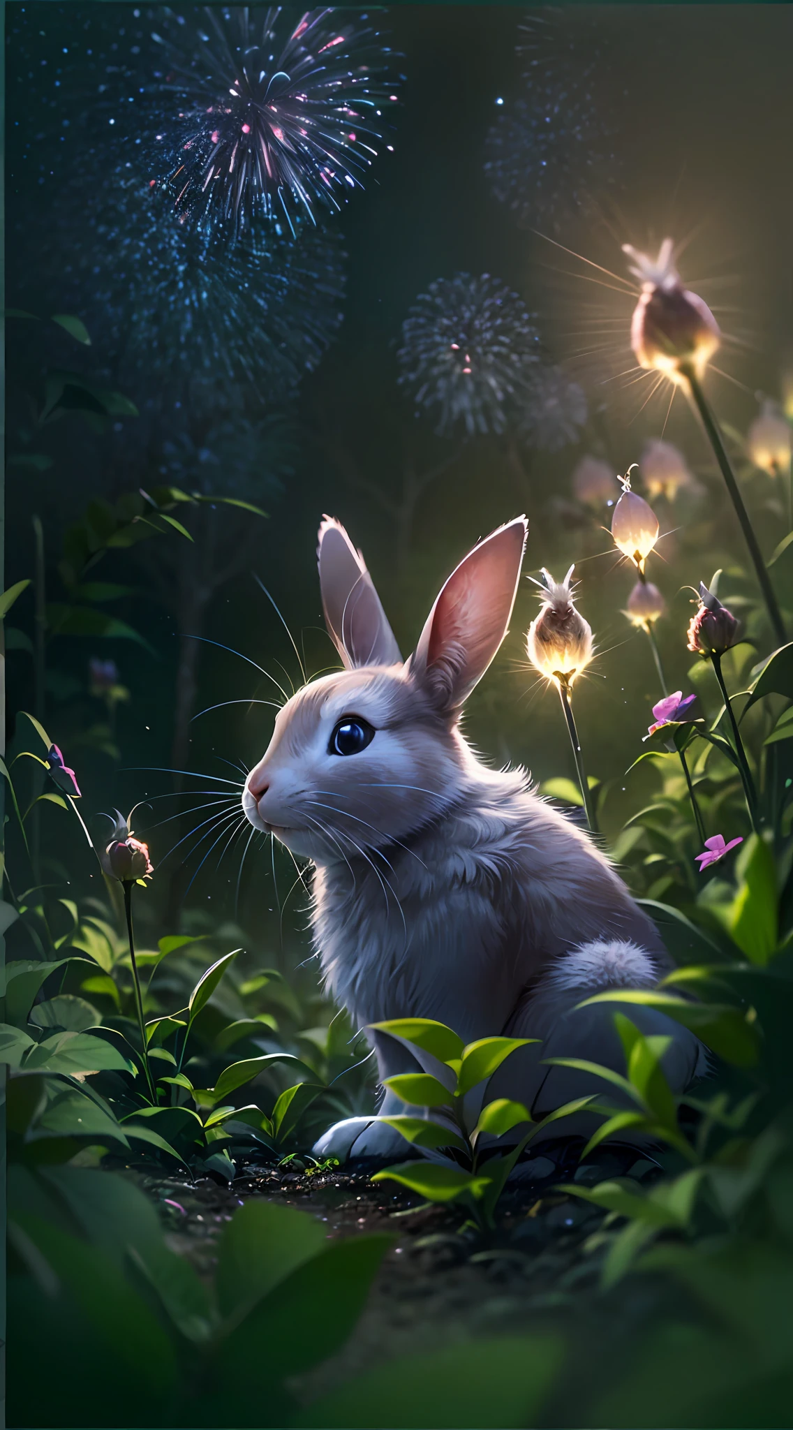 Close up photo of a rabbit in enchanted forest, clean background, depth of field, large aperture, photography, night, fireflies, volumetric fog, halo, bloom, dramatic atmosphere, center, rule of thirds, 200mm 1.4f macro shot