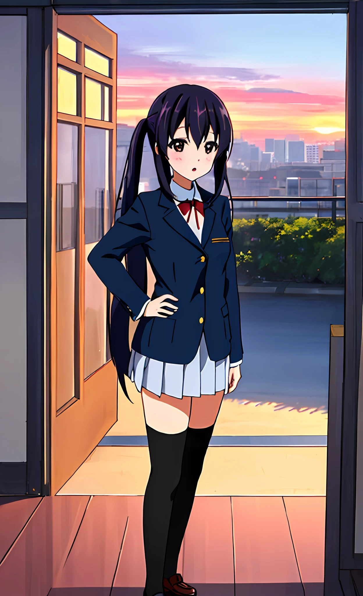 1girl, (((masterpiece))), top-quality, top-quality, High Details, nakano azusa, 1girl, Sakuragaoka High School Uniform, student clothes, Twin-tailed, length hair, A dark-haired, brown-eyed, 独奏, reddish, Dark blue blazer with thin red ribbon, Solid white buttoned shirt under blazer, illustratio, comic strip, soothing tones, Subdued Color, Soft cinematic light, adobe lightroom, photolab, HDR, intricately and hyper-detailed、(((depth of fields))))。(((masterpiece)))。(((top-quality))).)((ultra-detailliert)))。(((illustratio)))。(((takeout))).dynamic focus.big breasts.(((Skyscrapers))).(((A city scape))).(((Face of sadness))). open mouth.(((put hands on the hip))).(((up chest))).((evening glow)).((the setting sun)).