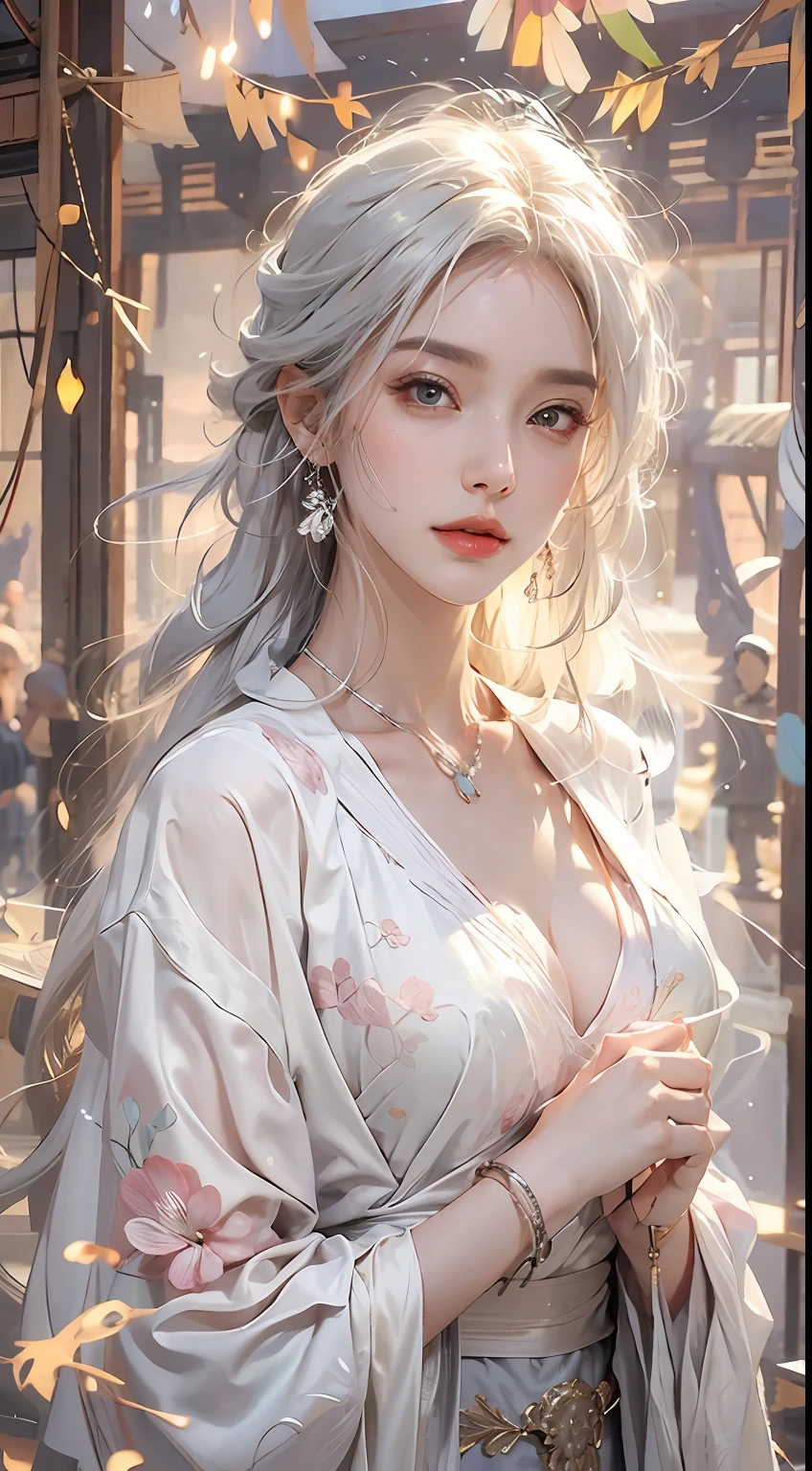 Photorealistic, very high res, 1womanl, 独奏,clubs，palaces，oriental architecture ray tracing，{best qualtiy}，{ {tmasterpiece}}，Extremely detailed 8k wallpaper，{An extremely delicate and beautiful}，intricately details，photorealestic，Realiy，Camera quality，（Carefully portray clothes），Cold white skin，（Carefully portray blush）,1080p，Hips up,  (Detailed face), A cold face，White hair, Medium breasts, long whitr hair, Sword repair，White robe,Oversized clothes, jewelry，Smooth light silver hair，Messy beauty，lamplight，The skin is shiny and silky，tmasterpiece，The best quality，The illustrations are super detailed，beautidful eyes，Very detailed 8k CG wallpaper，Peach blossom eyes，An extremely delicate and beautiful girl，8k wallpaper，best qualtiy，close-up all over the body