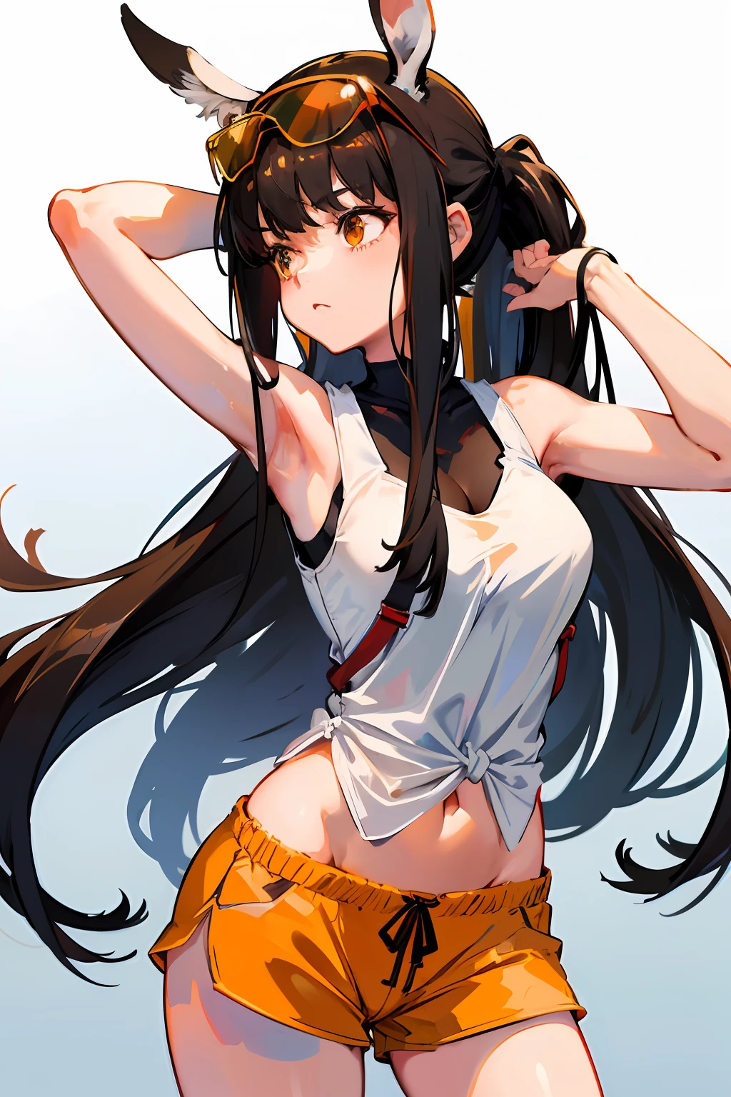 QBZ191, 1girl, eyewear on head,animal ears,solo, long hair, shorts, breasts, white background, orange shorts, simple background, arms up, armpits, tank top, short shorts, ponytail, medium breasts, cowboy shot, tying hair, sweat, cleavage