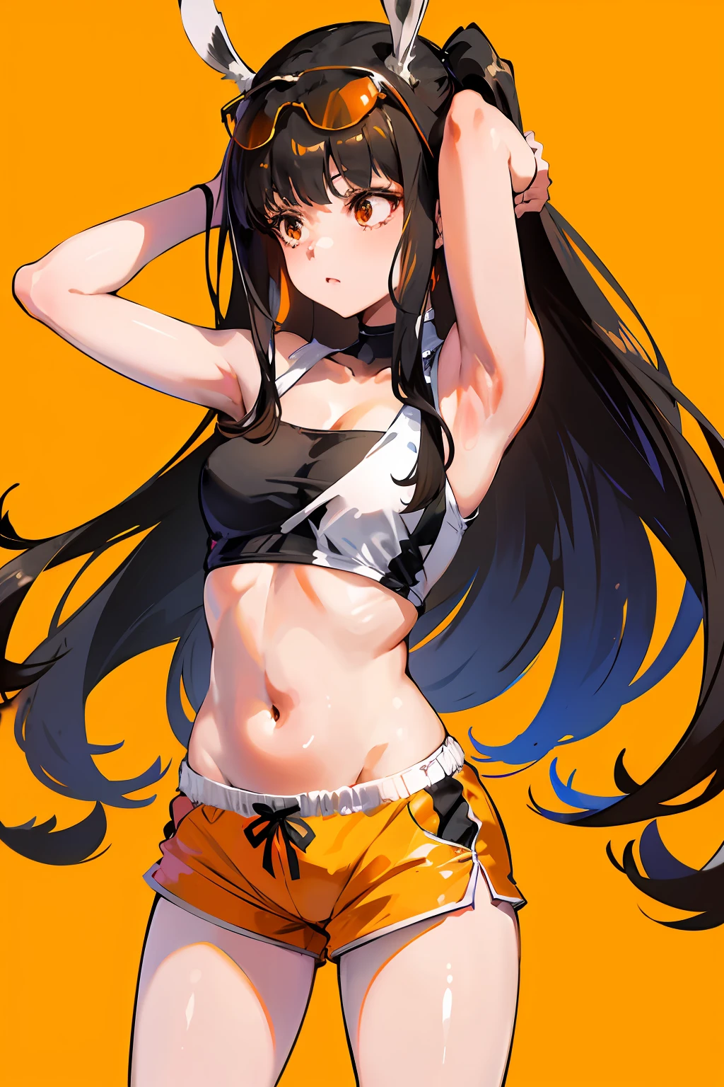 QBZ191, 1girl, eyewear on head,animal ears,solo, long hair, shorts, breasts, white background, orange shorts, simple background, arms up, armpits, tank top, short shorts, ponytail, medium breasts, cowboy shot, tying hair, sweat, cleavage