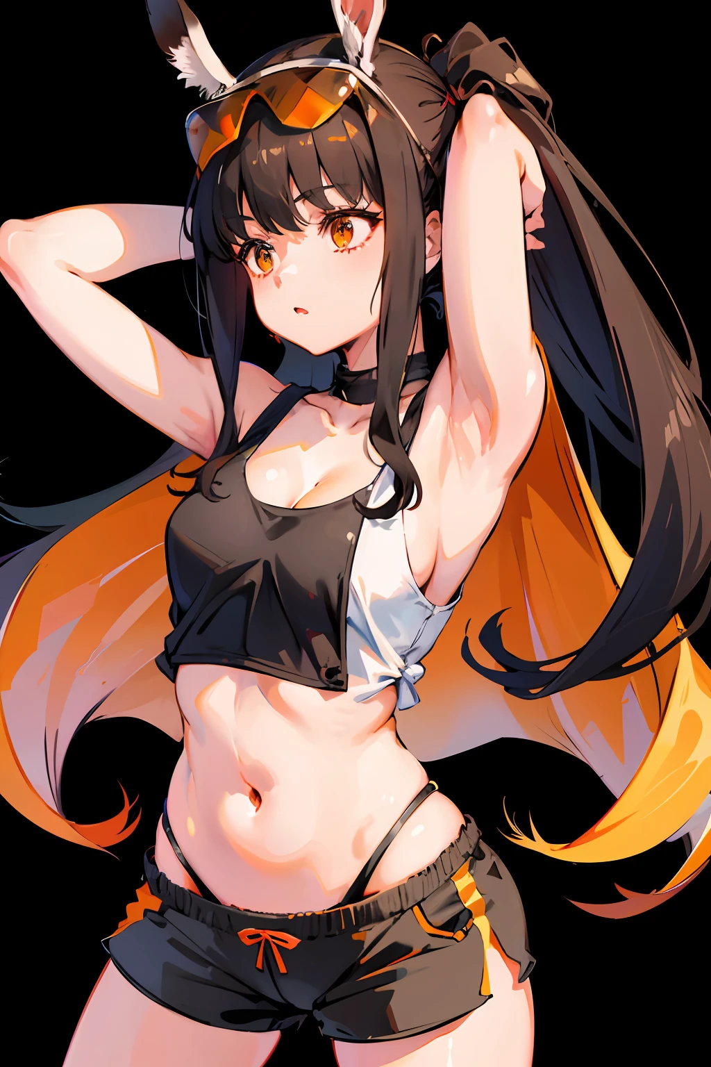 QBZ191, 1girl, eyewear on head,animal ears,solo, long hair, shorts, breasts, white background, orange shorts, simple background, arms up, armpits, tank top, short shorts, ponytail, medium breasts, cowboy shot, tying hair, sweat, cleavage