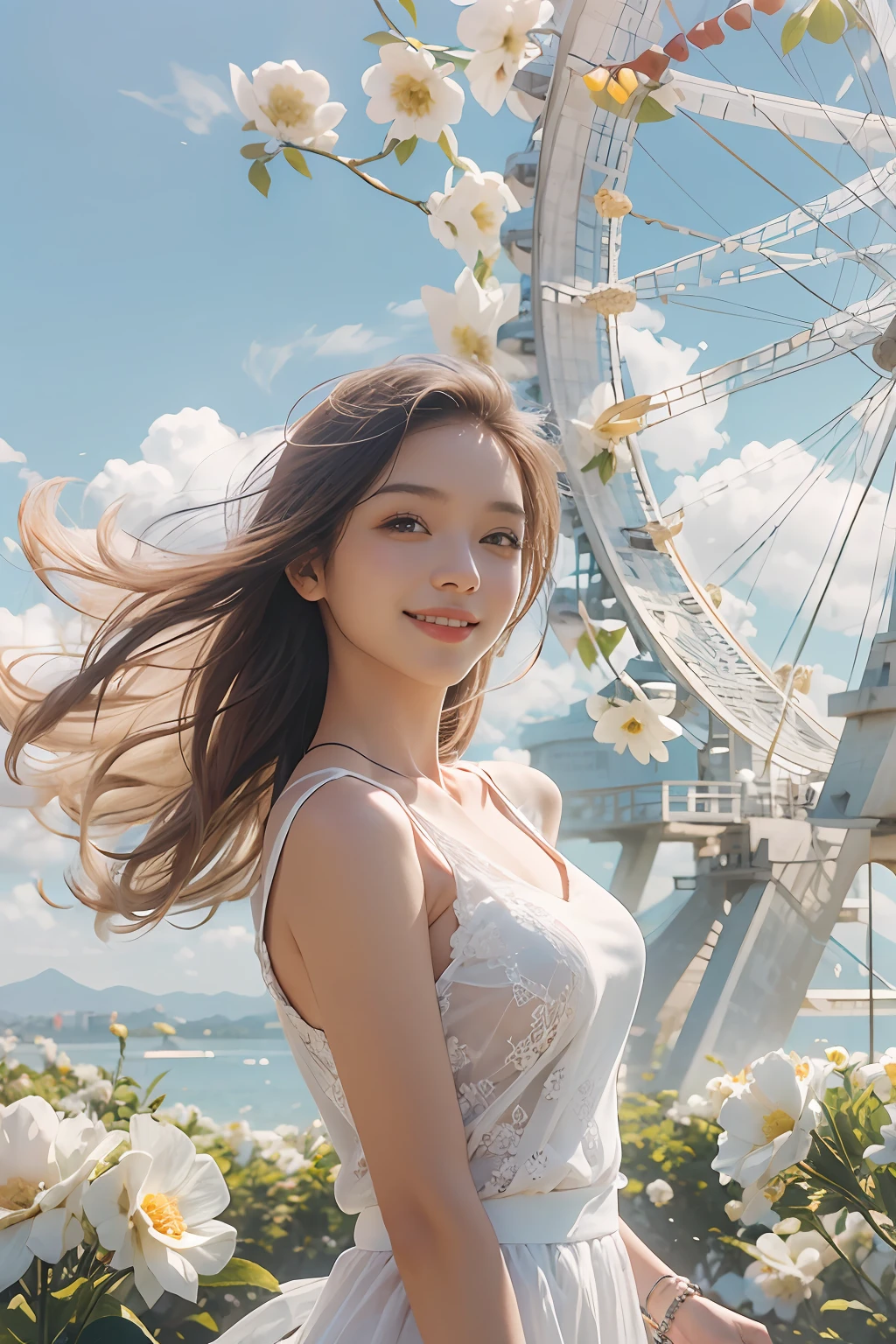 (masterpiece), (best quality), RAW photo, photorealism, photography, 1girl, windy, sunny, in the park, lots of white flowers at front, sky wheel at background, smile