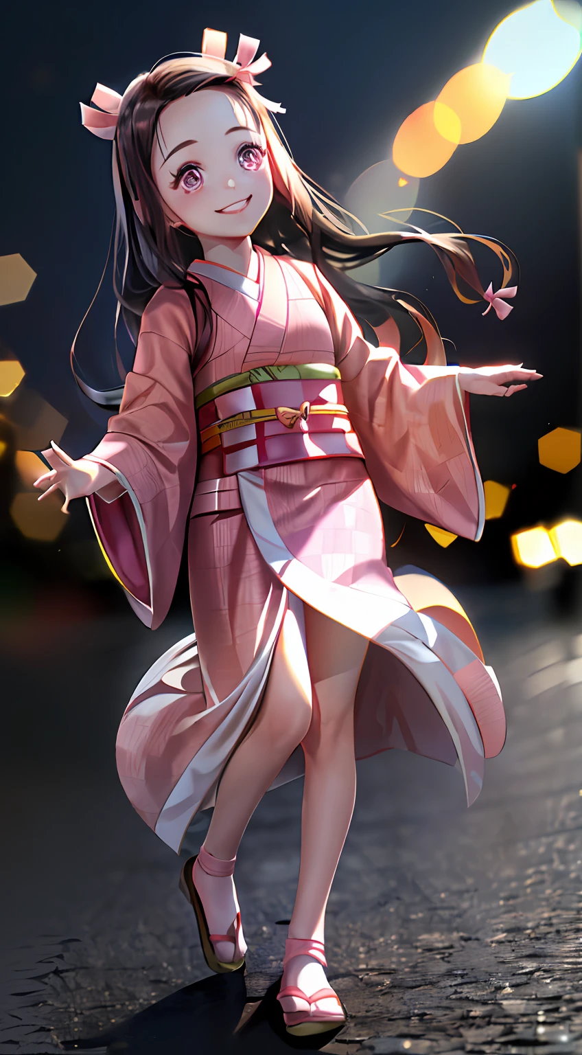 Masterpiece, Best Quality, High Resolution, Venus1, 1Girl, Solo, Kamato Nezuko, Bamboo, Brown Hair, (((((Pink Ribbon)) Checkered Belt, No Gag, NO Gag, Gradient Hair, Haori, Japanese Clothing, Kimono, Long Hair, Looking Forward at Sunset Smiling, Pink Eyes, Pink Kimono, Pink Ribbon, Solo, Full Body, Front, Bokeh Background (85mm Lens), Front Camera, Resolution 1366 x 768