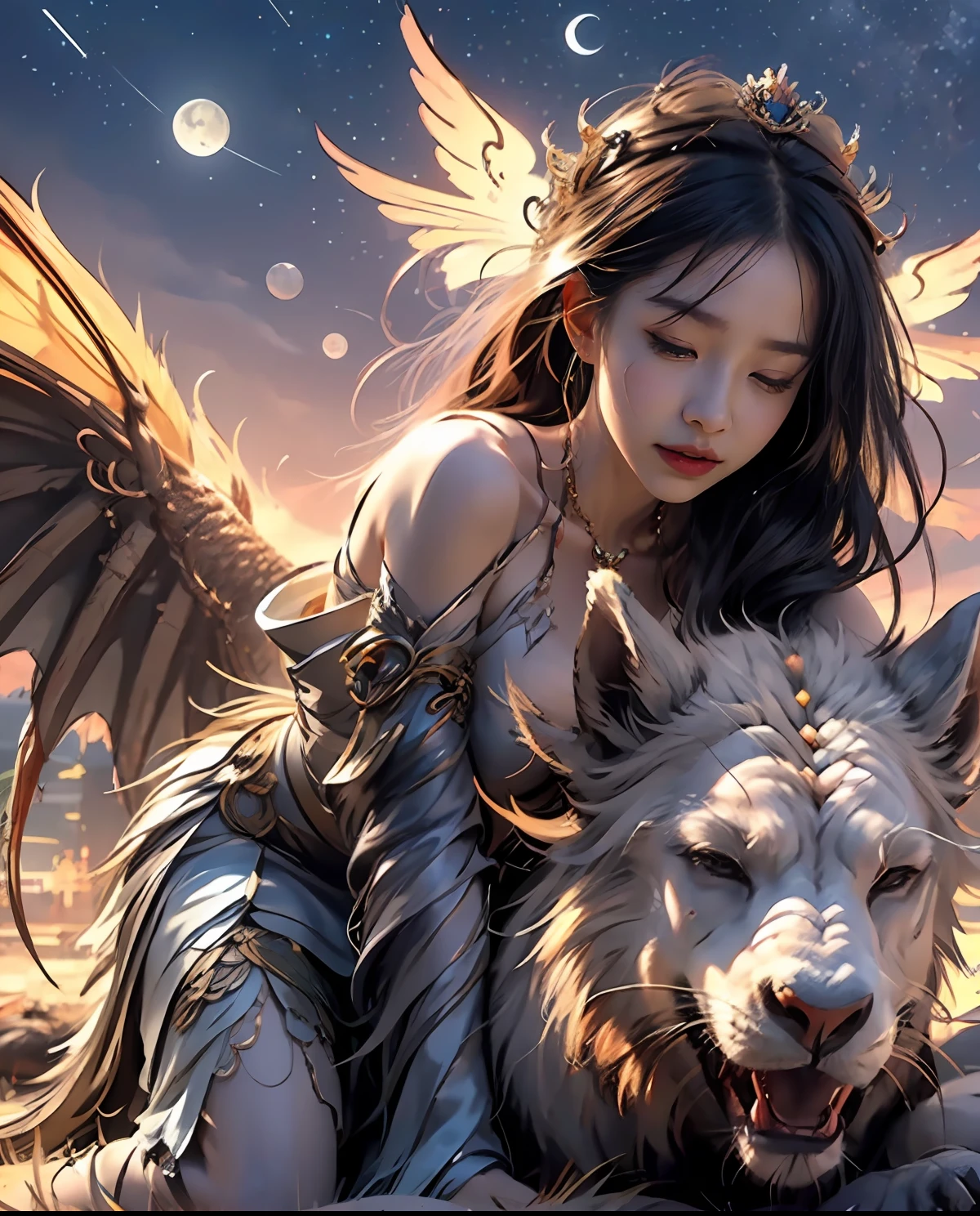 Generate an image of a young girl sleeping peacefully on the back of a dragon as it soars through the night sky. The dragon should be depicted as protective and gentle, cradling the girl with its powerful wings. The girl should be depicted as serene and content, completely at ease in the dragon's presence. The scene should be filled with stars and other celestial elements to enhance the dreamy feel of the image, night time, darkness with glow, dystopian, glittering lights, glowing lights, happy mood