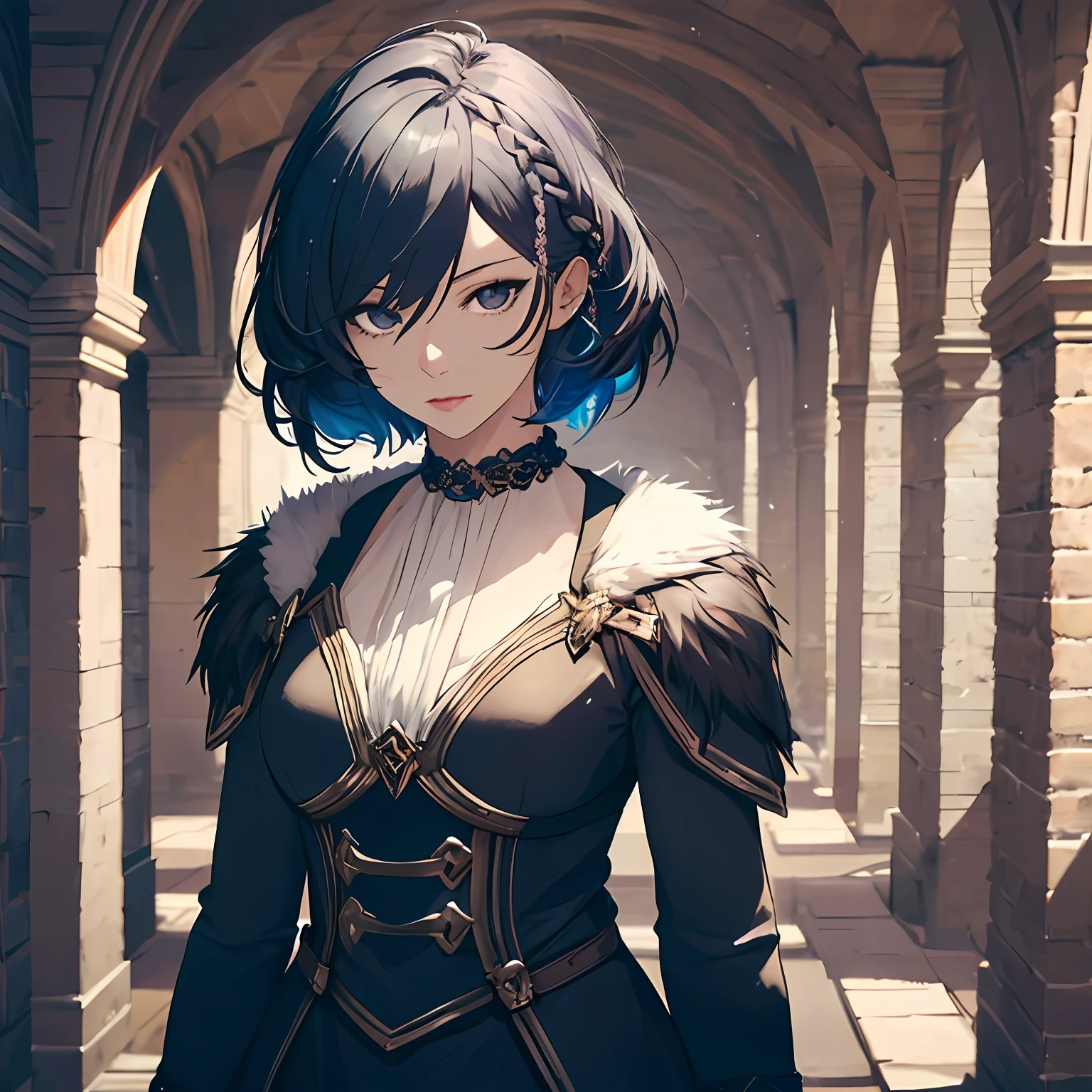 masterpiece, best quality, 1woman, adult, female focus, solo, black bluish hair, short hair, vibrant black eyes, looking at viewer, closed mouth, Fantasy aesthetics, Highly detailed, shadowverse style, Norse, fur,mature female , eyeliner, braid, fantasy, upper body (masterpiece, high quality:1.2)