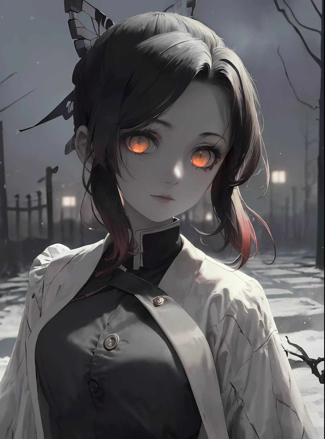 (masterpiece:1.2), best quality, masterpiece, highres, 8k, photorealistic, original, extremely detailed wallpaper, (ultra-detailed), (best illustration), (best shadow), 1girl, (upper body:1.4), makima, red hair, yellow eyes, standing, braided ponytail, ringed eyes, collared shirt, black necktie, black pants, black overcoat, hand in overcoat pocket, blood stains, blood on shirt, blood on face, expressionless, walking towards viewer, ((night, dark atmosphere, dark theme, scary atmosphere, darkness:1.5)), glowing eyes, smoke, looking at viewer, narrow alley, metal bars, blood on floor, blood on walls,