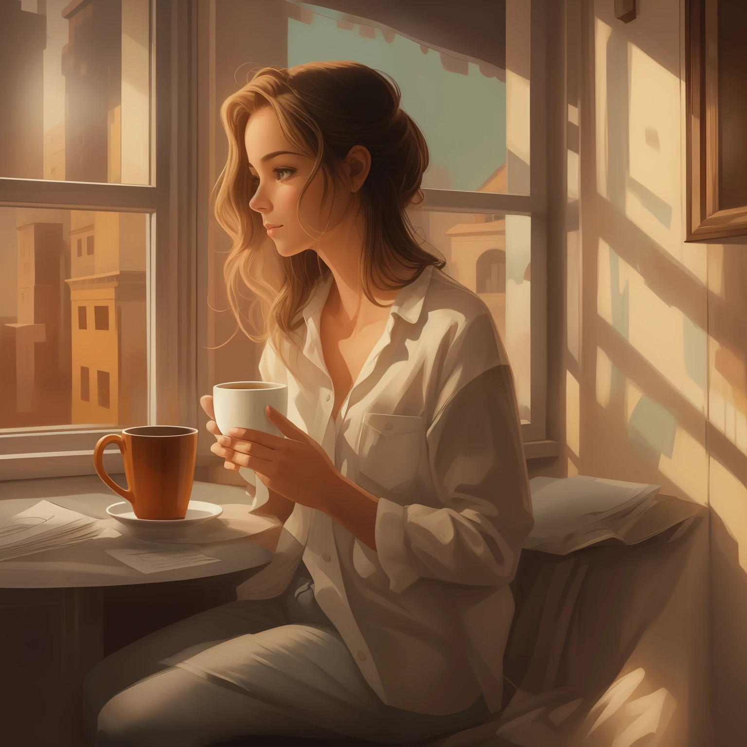 There's a woman who's drinking a cup of coffee, Retrato de Lofi em uma janela, bela arte digital, portrait of morning coffee, pintura realista da bonito, near the window, Beautiful digital illustration, morning coffee, A meninaitoril da janela, Humor matinal, morning hour, beautiful artwork, paper awesome wallpaper, perto de uma janela, pintura de personagem bonita