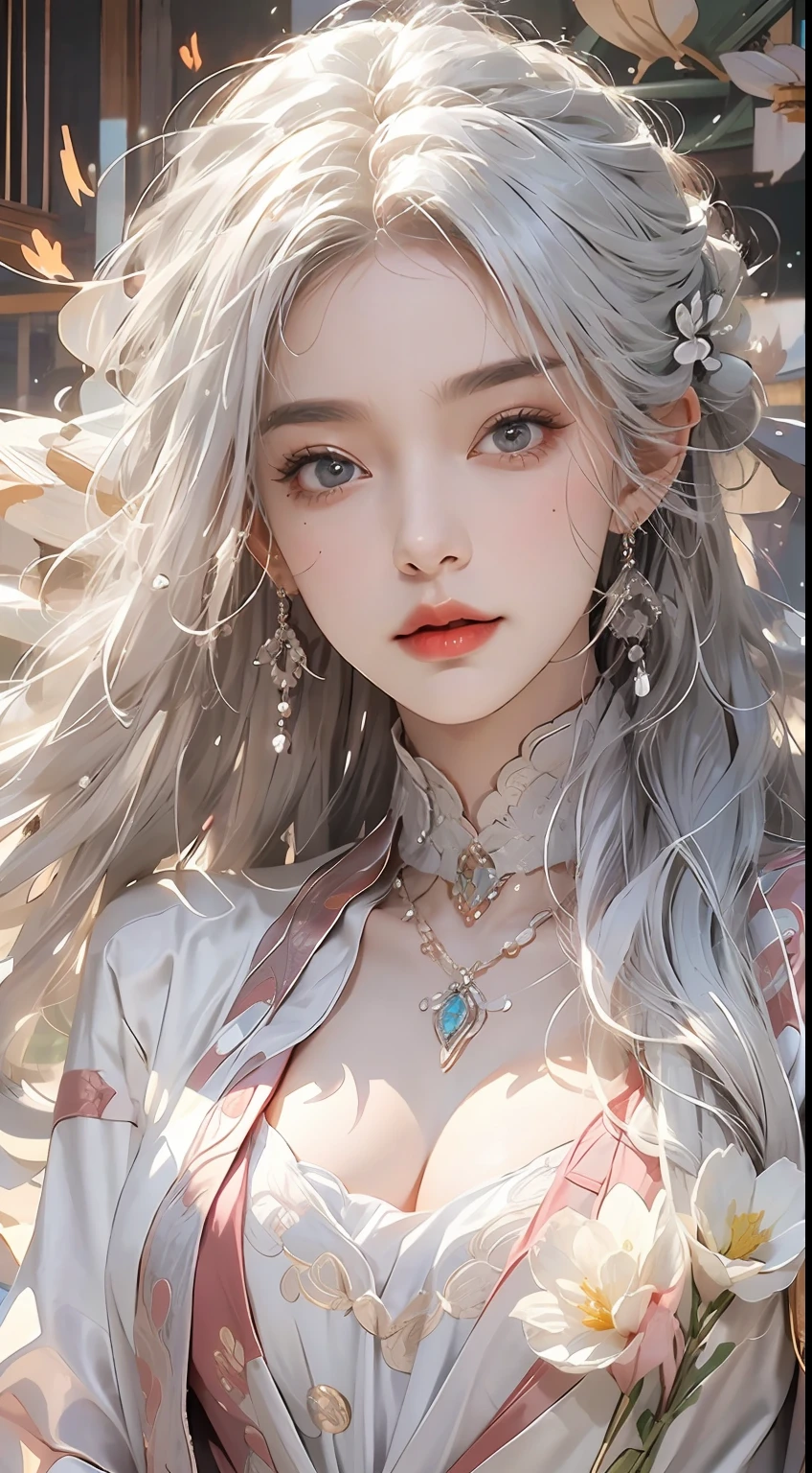Photorealistic, very high res, 1womanl, 独奏,clubs，palaces，oriental architecture ray tracing，{best qualtiy}，{ {tmasterpiece}}，Extremely detailed 8k wallpaper，{An extremely delicate and beautiful}，intricately details，photorealestic，Realiy，Camera quality，（Carefully portray clothes），Cold white skin，（Carefully portray blush）,1080p，Hips up,  (Detailed face), A cold face，White hair, Medium breasts, long whitr hair, Sword repair，White robe,Oversized clothes, jewelry，Smooth light silver hair，Messy beauty，lamplight，The skin is shiny and silky，tmasterpiece，The best quality，The illustrations are super detailed，beautidful eyes，Very detailed 8k CG wallpaper，Peach blossom eyes，An extremely delicate and beautiful girl，8k wallpaper，best qualtiy，close-up all over the body