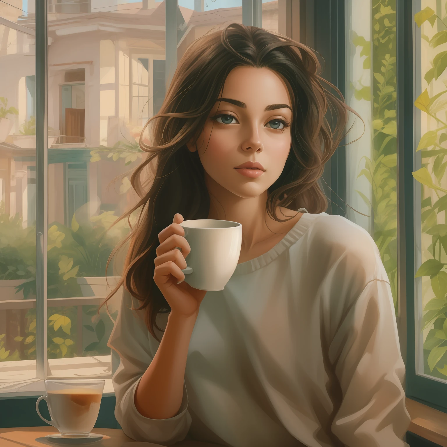 There's a woman who's drinking a cup of coffee, Retrato de Lofi em uma janela, bela arte digital, portrait of morning coffee, pintura realista da bonito, near the window, Beautiful digital illustration, morning coffee, A meninaitoril da janela, Humor matinal, morning hour, beautiful artwork, paper awesome wallpaper, perto de uma janela, pintura de personagem bonita