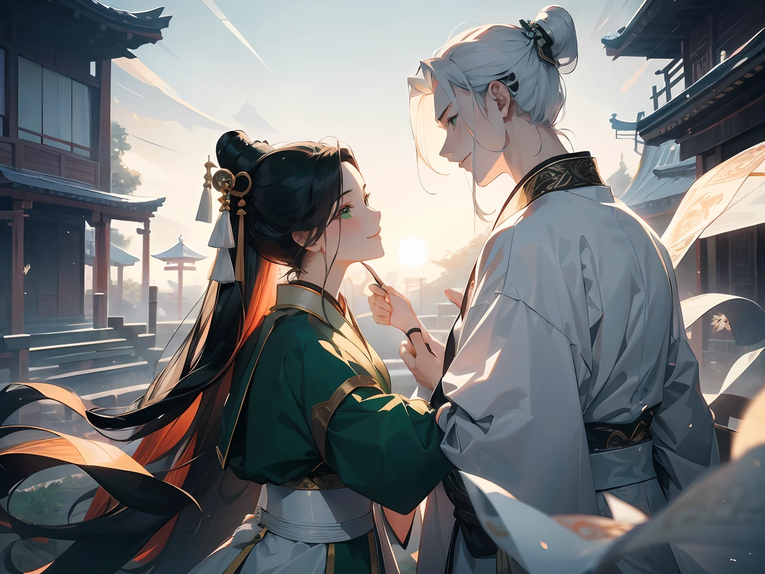 tmasterpiece,Ultra-clear image quality,1 man,20yr old,,White color hair,Hanfu,Greet with a smile,1 woman, old,Long black hair fluttering,Green eyes,ssmile,Pale green hanfu,Look up at the perspective,,Background with:Inside the moonlit garden,