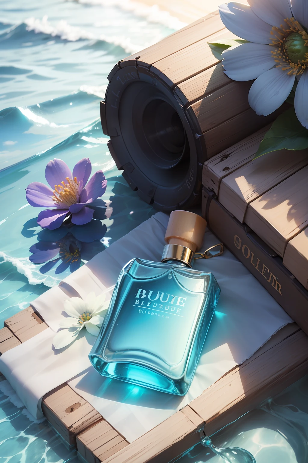 A bottle of perfume, blue backdrop, Clusters of flowers, products shot , summer day,ocean water