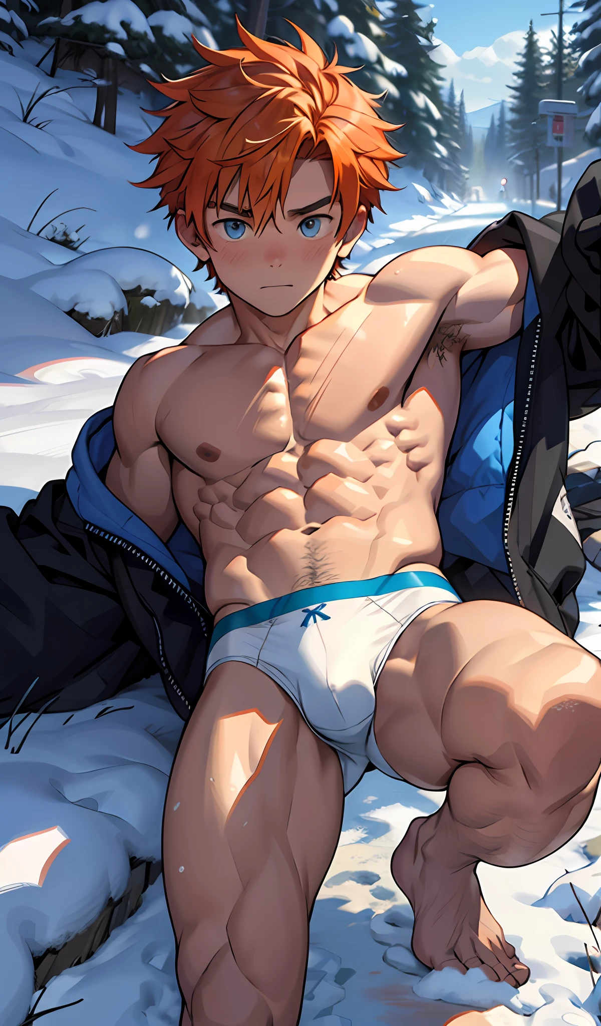 (masterpiece, best quality),1boy,(e boy,Kid's face,Juvenile faces),a baby dness),infancy,sideface,Naked lying flat in the snow,Lewd expression,,infancy,Young age,Short round face,Flat chin,Fine face in detail,Color ultra-fine thong panties,musculous,Short bright orange hair,Sky blue eyes,opens his eyes wide,复杂,full bodyesbian,nakeness,Lewdness,Thong teal ultra-fine underwear,Pectoralis abdominal muscles,the night,vivd colour,(depth of fields:1.2),(abs),Lie flat on the snow,There are a lot of diamond-shaped ice cubes on the ground,cold temperature，A top-down perspective