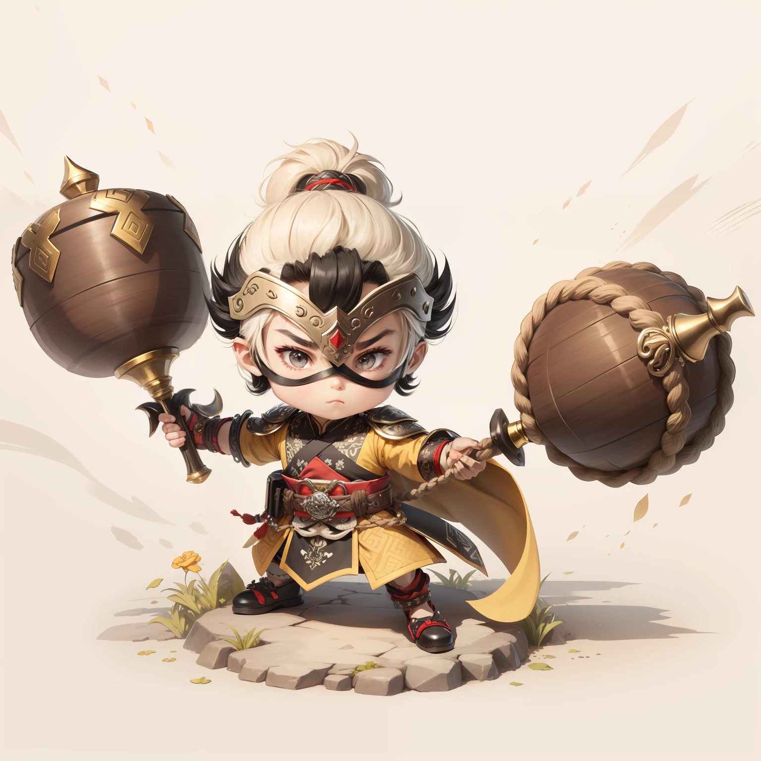 male people，Male characters，tchibi，Bad，Twin hammer weapon，Double hammer，The hammer has a delicate pattern，Flowing hem，China-style，Chinese-style clothing，Chinese shoes，Shoulder blades，chest plate，Bracers，There are beautiful patterns on the weapon grips，Refinement，Fine painting，Refinement，infinite details，high definition detail，Delicate belt，The belt hangs thick hemp rope，The belt is thick，knot，Belt accessories，Male characters，Blindfolds，Black color hair，Patterned，Pattern，Blank background，Bright colors，Metal edging